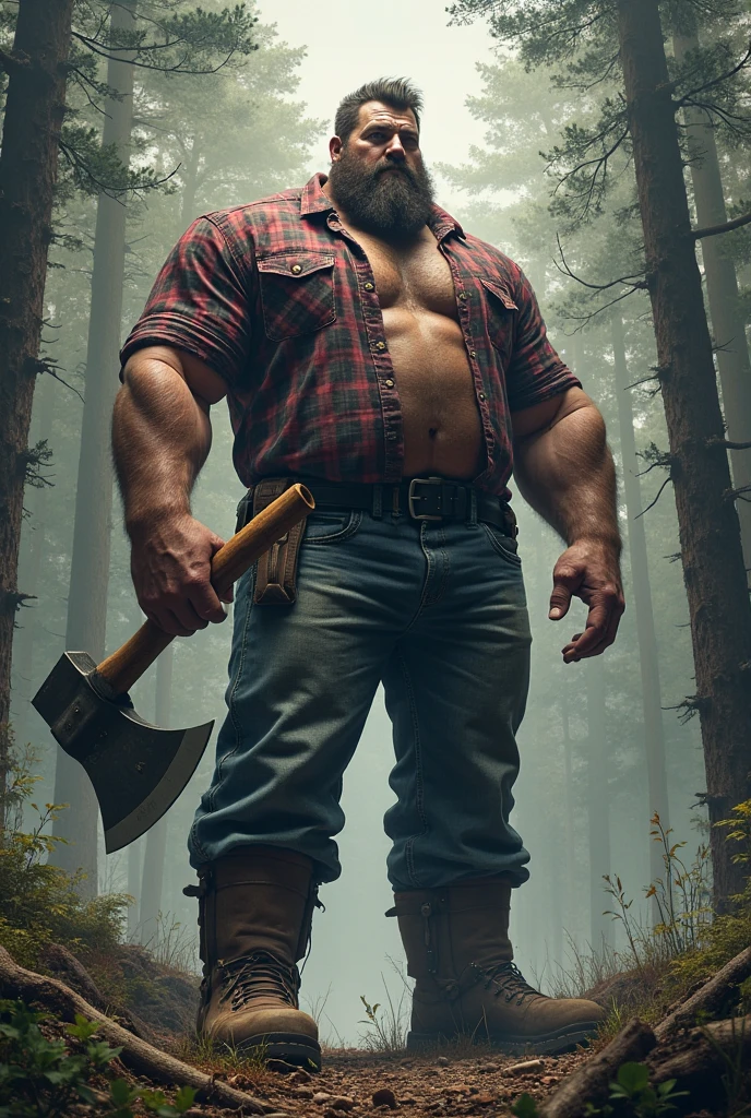Tall bald lumberjack man in plaid shirt