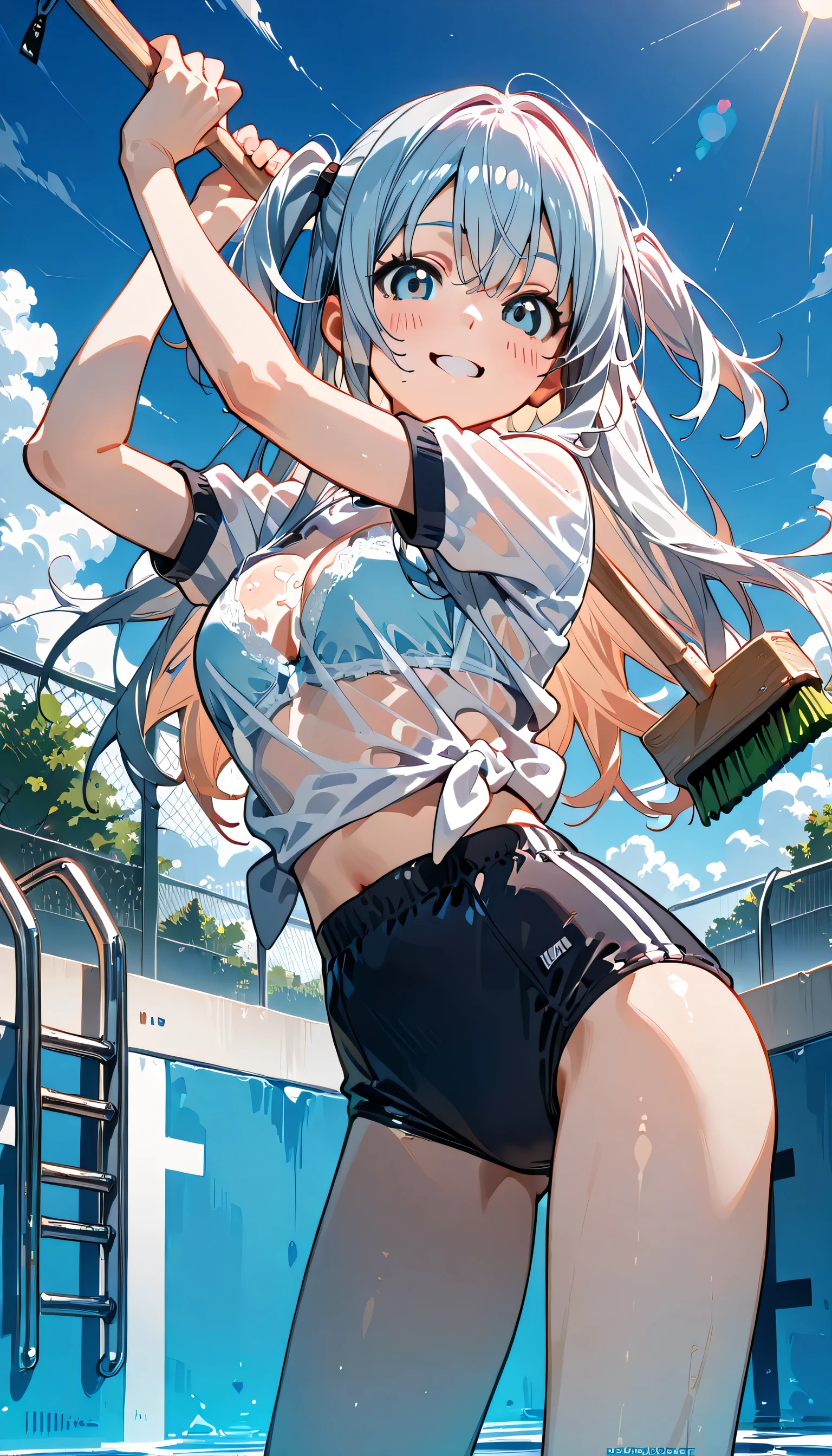 ((ultra-detailed)), (highly detailed CG illustration), (best quality:1.2), ultra-highly detailed, colorful composition, artistic photoshoot, 1girl, solo focus, ((thigh to top:1.4)), ((cowboy shot:1.4)), moe anime character, girl, dainty facial structure, (bab(round face), ((rounded chin:1.2)), ((ideal ratio body proportions)), celia-default, celia claire, (blue eyes), sparkle eyes, ((silver hair color:1.4)), ((two side up:1.4)), (hair ribbon with red), ample breasts, (navy blue school gym buruma), blue bras visible through clothes, wet clothes, ((wet body:1.4)), ((sweat:1.4)), ((smile:1.4)), ((happy:1.4)), ((joyful:1.4)), ((blush:1.4)), ((open mouth:1.4)), ((standing in a empty pool:1.4)), school pool, ((cleaning the bottom of the pool)), ((detergent foam)), ((holding the deck brush with right hand:1.4)), ((wipe the sweat on forehead with left hand:1.4)), ((from below:1.4)), ((dynamic pose:1.4)), ((contrapposto pose:1.4)), best quality, expecting, pink cheek, blush, light pink gloss slip, portrait, depth of field, ((hot)), ((the sun is pouring down:1.4)), ((Glittering sunlight:1.4)), ((Backlight:1.4)), (shine), lighting, caustics, ray tracing, perfect face, lustrous skin, highly detailed face, highly detailed eyes, perfect face, perfect nose, perfect hair, perfect eyes, perfect anatomy, beautiful hair, beautiful small face, extremely detailed face, beautiful detailed eyes, beautiful clavicle, beautiful body, beautiful huge breasts, leavage, breasts squeezed together, equalize the size of the left and right breasts, beautiful thin thighs, beautiful legs, beautiful fingers, ((4 fingers)), 1 thumb, lovely, (very detailed background:1.0), (highly detailed background:1.0), summer aesthetic, intricate details, joyful atmosphere, summer colors palette, chromatic aberration