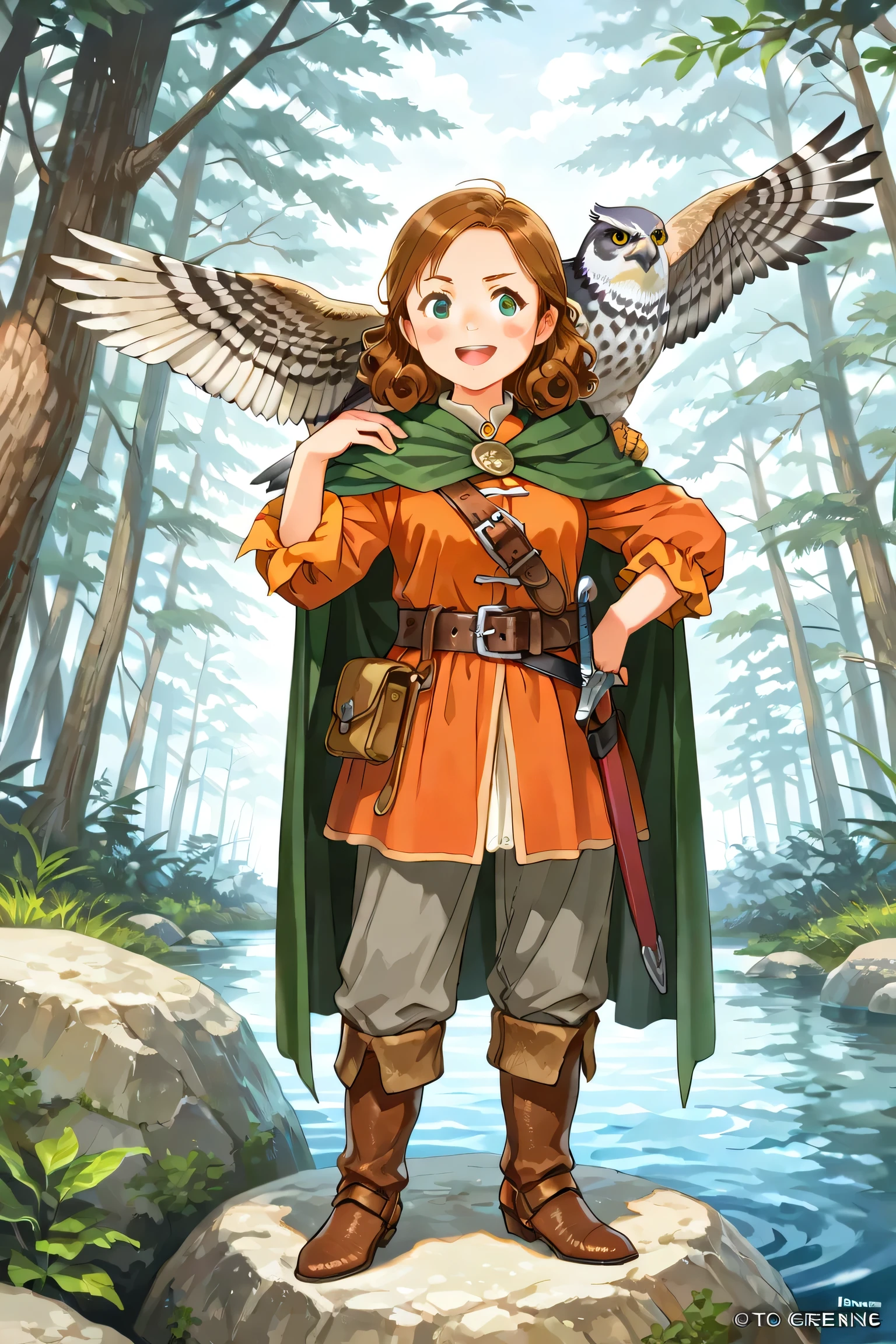 adult halfling, 1girl, female, white skin, short stature, curly brown hair, green eyes, rosy cheeks, wearing a orange caviler era doublet, green hooded cape, leather greaves, grey breeches, leather belt with water skin and small sheath, brown boots, (peregrine falcon perched on shoulder, animal companion), ranger, standing atop a boulder overlooking a forest, sunny day, [[determined, confident, excited]], 18th century clothes, pirate era clothing, fantasy art, dungeons and dragons, close up