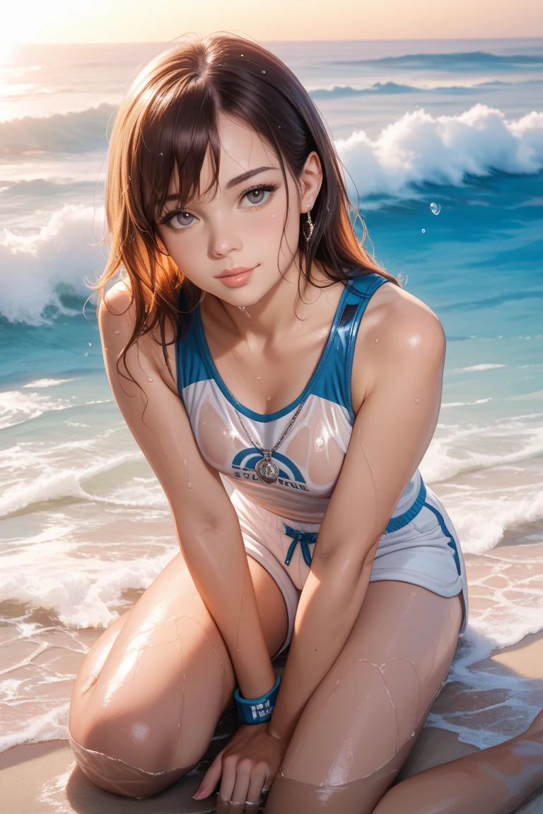 masterpiece, best quality, highres, (5girls), light makeup, glossy lips, highly detailed, illustration, aichan, oumae kumiko, beach, (cheerleader), cleavage, lips parted, sleeveless, large breasts, (multiple girls), blue eyes, (quicksand:1.3), (scared)