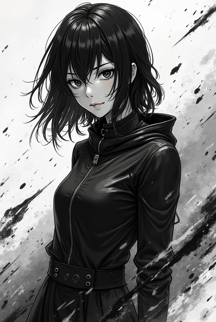 Angle from below, A woman in a dynamic pose, Black asymmetrical short hair, Jacket and micro mini shorts combination, White background:1.5, Anime Style, Digital Painting, (masterpiece, High resolution, Highest quality)