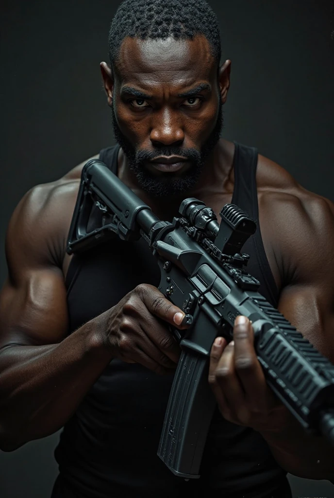 An image of Ghost shirtless with a dark look and a chill-like aura and an uzi in his hands 