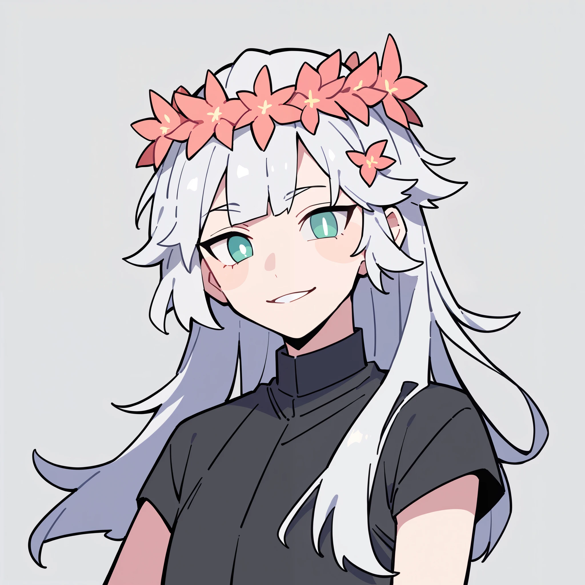 anime characters：1woman, adult, female focus, black short sleeve outfit, black clothes, black boots, cargo pants, only, female, only, Upper body, alone, white hair, long hair flower crown, thin eyebrows, green pupils, Light Grey background, simple background, amazing quality, best aesthetics, Ridiculous, parted lips, bright pupils, sexy smile, best quality