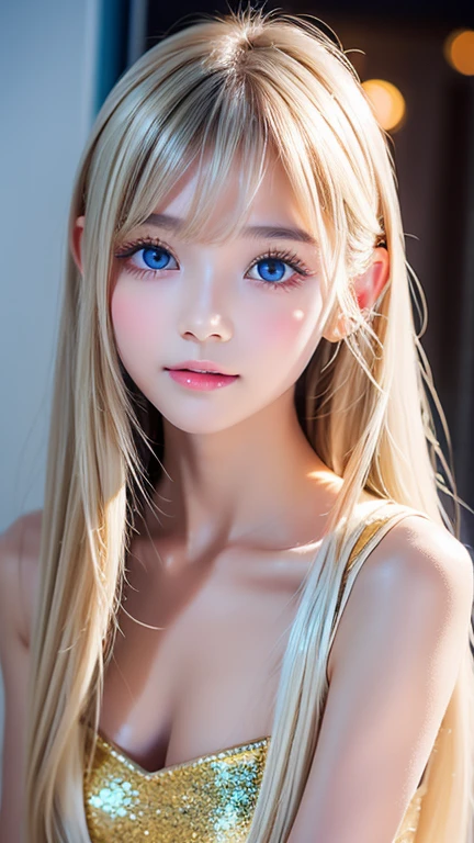 Crystal clear and shiny skin、Cute 13 year old with beautiful face、Very large, beautiful, bright, pale sky blue eyes、Very big eyes、Super long straight hair that shines in the light、Long, silky bangs that cover her cute eyes、Hair that hides sexy features、too long bangs、Sexy and cute young beauty、Super long natural young blonde hair with sparkling highlights Blonde over one eye Blonde over one eye、Blonde hair between the eyes