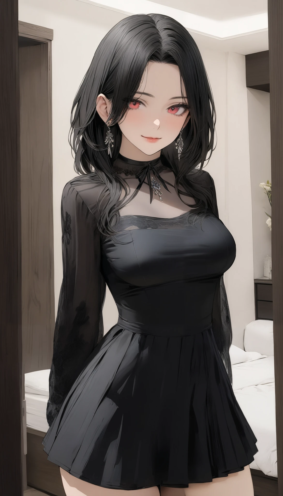 ( masterpiece, Top Quality, Top Quality, beautiful、Midea:1.2), 1 person,Beautiful, who mother, is cute, sexy clothes and beautiful and cute、 black and semi long hair , girls on the left, milf, 40yo, speaking eyes, perfect fingers, bedroom, deleted things,