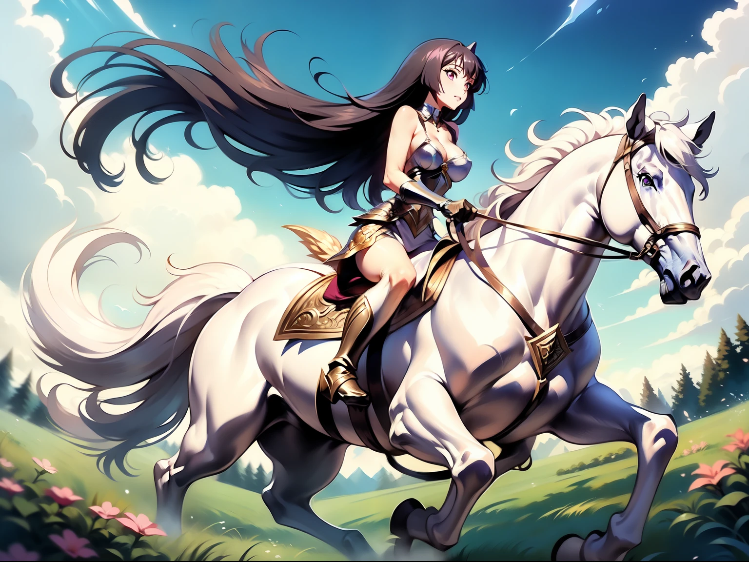 ((best quality)), ((anime masterpiece)), (high detailed), 8k, cinematic lighting, perfect face, female knight riding a HORSE, (KJOsakuya, black hair, pink eyes, hime cut, long hair, medium breast, cleavage), (silver armor, silver pauldron, white miniskirt, bare legs, silver greaves, gloves), (white horse, white mane, white tail, saddle, reins, bridle, stirups), solo, in the grassland, medieval, both hand holding rein, from side: 1.2, anatomically correct, Detailed hand, Hand, Perfect hand