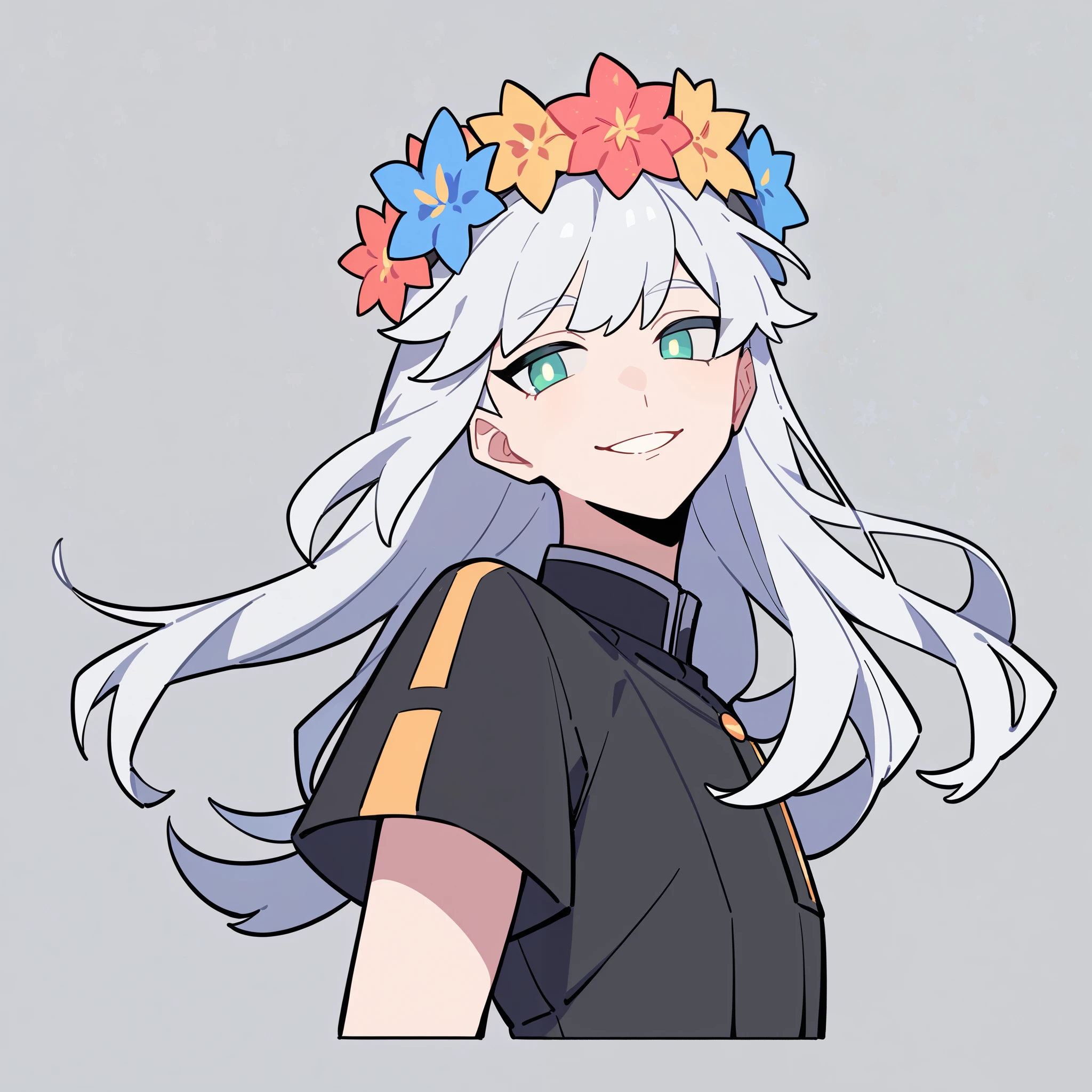 anime characters:1woman, adult, female focus, black short sleeve outfit, black clothes, black boots, cargo pants, only, female, only, Upper body, alone, white hair, long hair flower crown, thin eyebrows, green pupils, Light Grey background, simple background, amazing quality, best aesthetics, Ridiculous, parted lips, bright pupils, sexy smile, best quality
