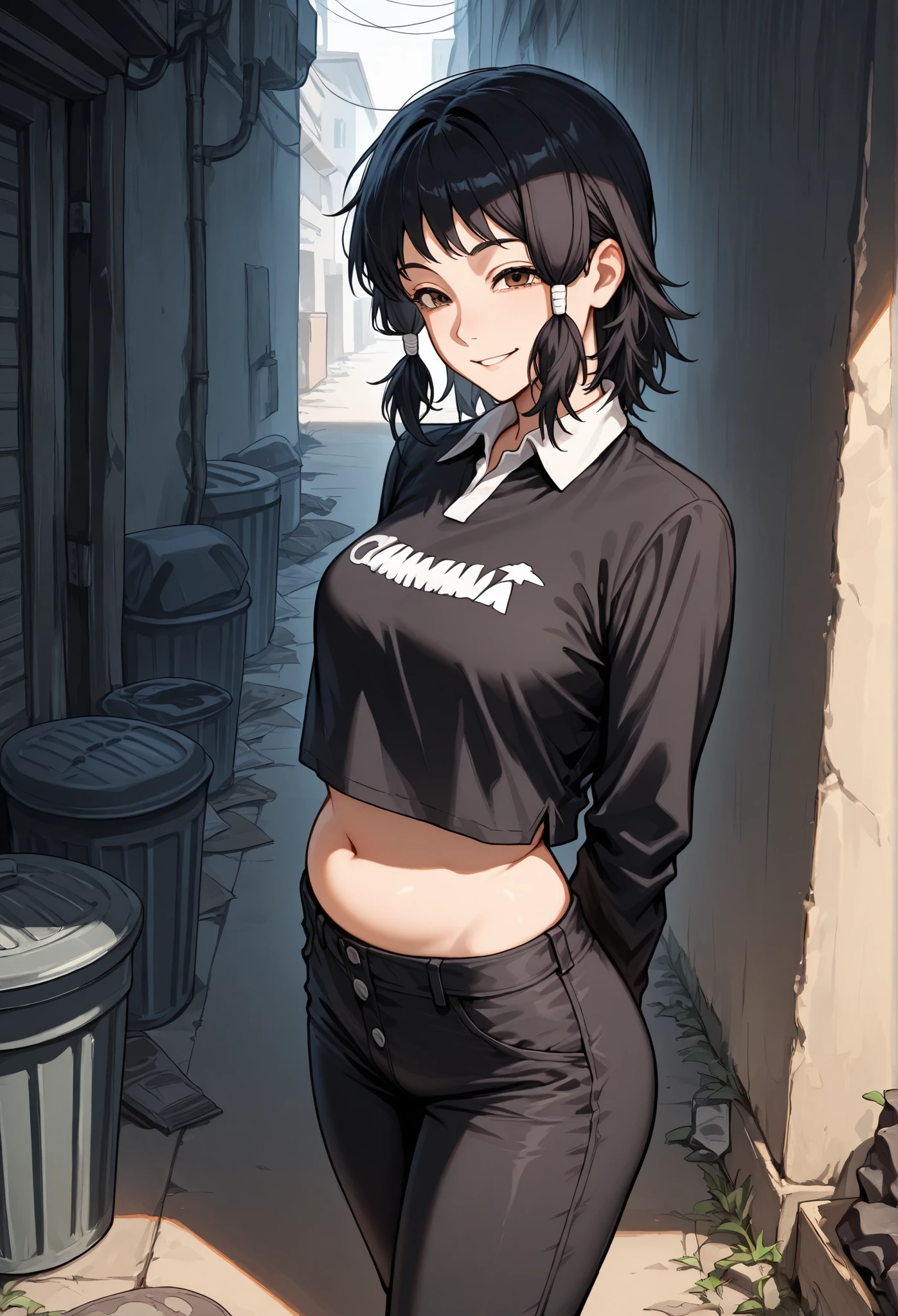 masterpiece, best quality, tiro de cowboy, Alone, 1 , m1fune, smile, looking at the viewer, standing, looking at the viewer, arms behind her back, short hair, black hair, hair tubes, brown eyes, open eyes, black shirt, collared shirt, camisa cropped, clothes written , long sleeve clothing, black pants, belly, outdoor, alley, trash can, shadow
