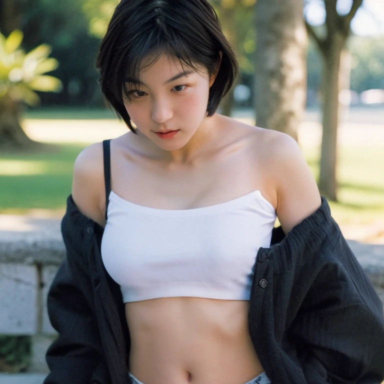 the front view of a japanese woman,street area,telephone poles,garbage collection center under the telephone pole, Japanese girl,Slender body,small hip, BREAK (wearing light gray hoodie),(open hoodie), BREAK (wearing ripped denim shorts), black short hime cut hair with blunt bangs, sandals,panty line, (no bra),smile,(breasts out:1.1), early morning,i carry a garbage bag,high resolution,standing in front of the trash can,put garbage in the trash can,shooting through the trash can,(from head to knee shot),leaning forward,(from above),looking at another,(visible shadow of erect nipples),