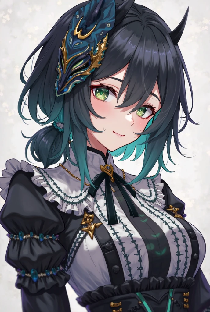 (Highest quality)、(Highest quality)、cute、(choker).eyes are emerald、(ponytail)、(Black Hair)、