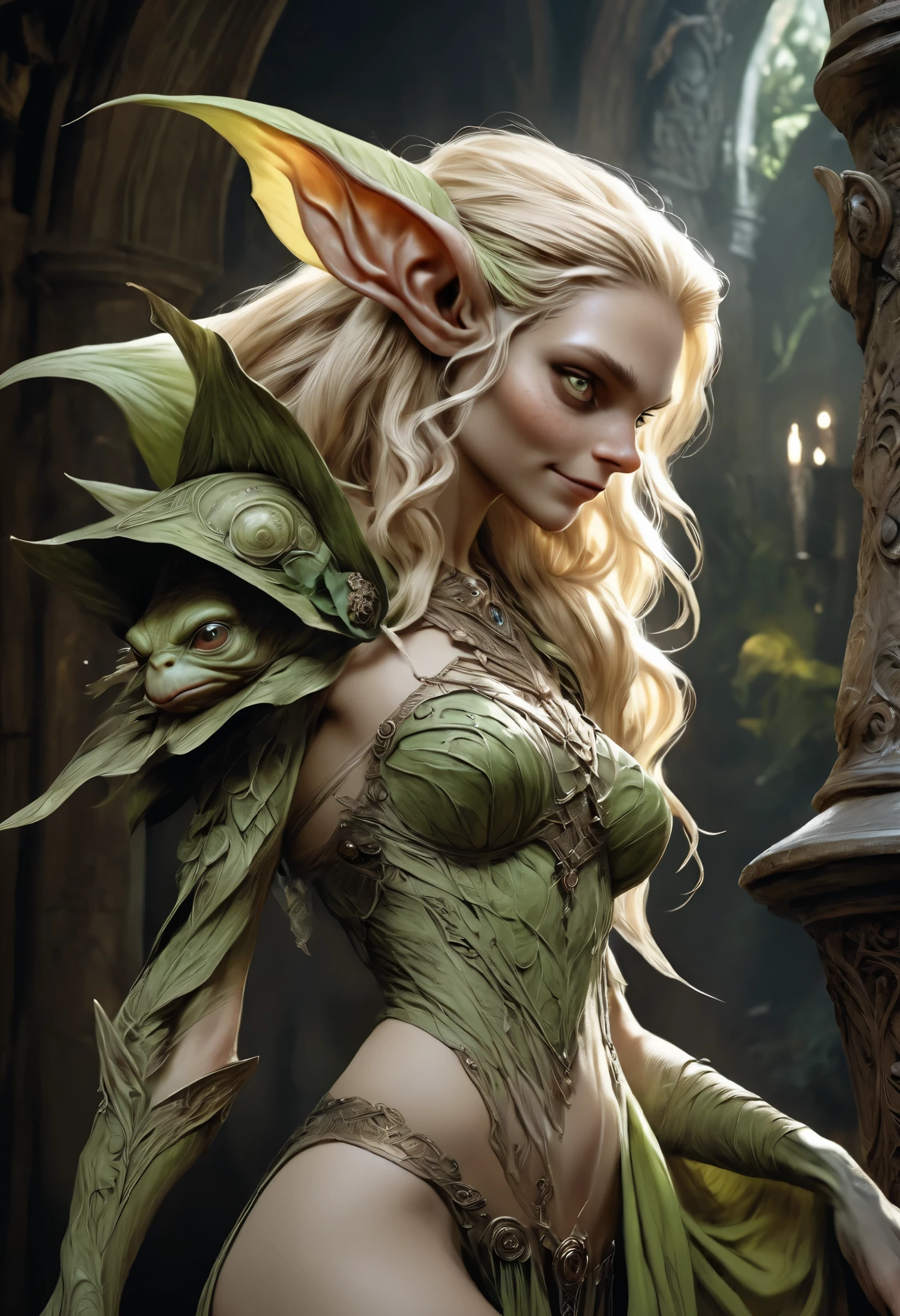 (masterpiece, best quality, amazing quality), (hand drawing:1.2), Cinematic wide shot of a blonde goblin woman in her thirties with a curvaceous figure. She has a soft, slightly chubby. Large, expressive eyes, refined but naturally rounded facial features. Long, voluminous hair cascading down her shoulders. Small breasts and graceful elegant posture, nerdy, timbougami, akabur, skinny, revealing clothes, little smile, dynamic composition, intricate background, dark fantasy style, dark arts, sideboobs, backview