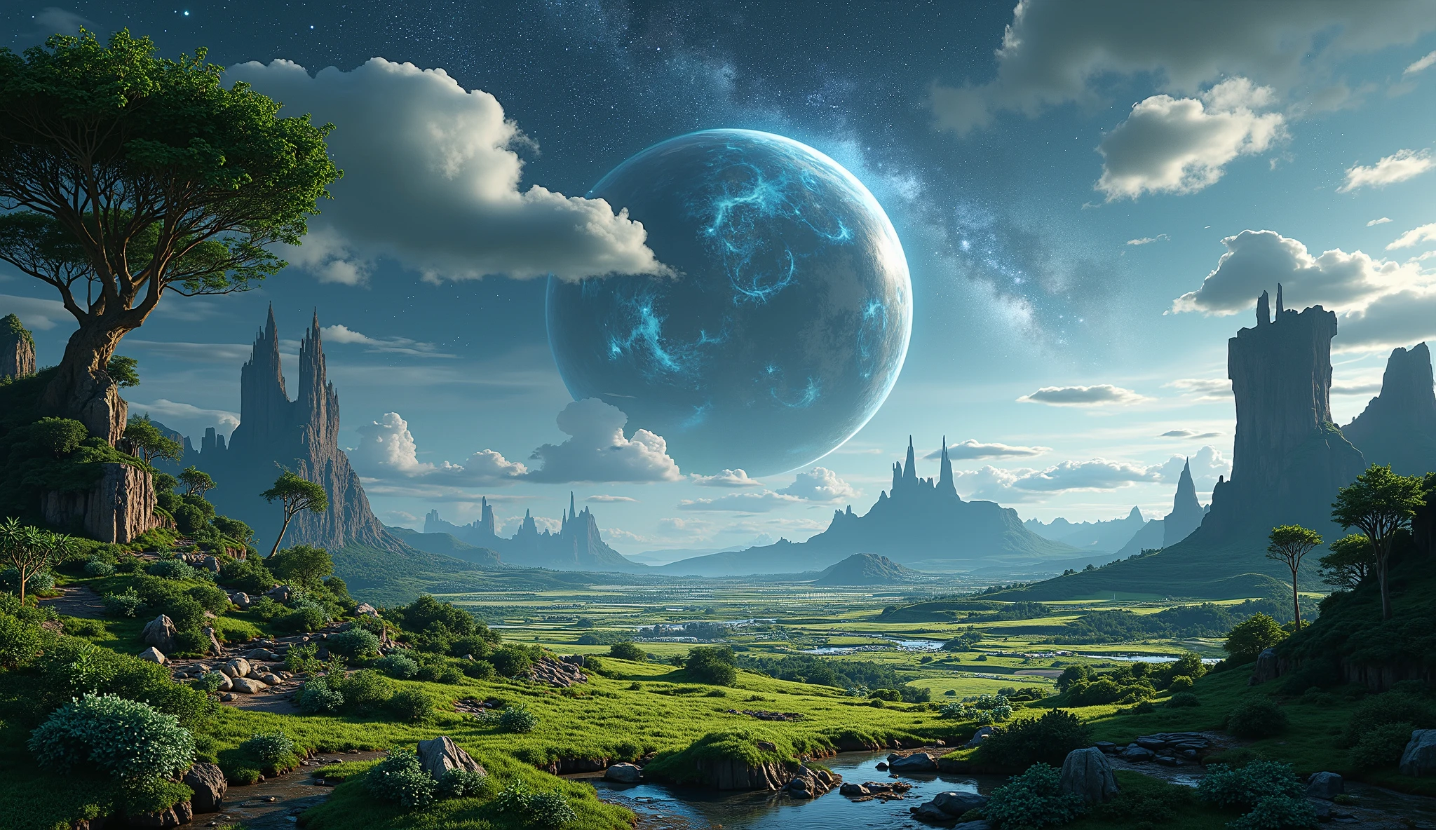 In the outer space where the Milky Way resides, there's a planet looks like Mars with strange clouds, filled with vegetation, grassy planet.