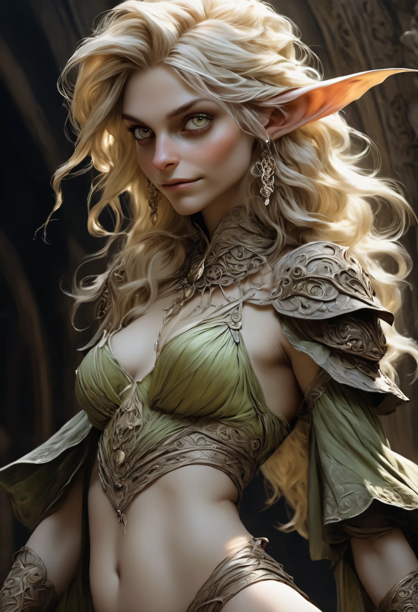 (masterpiece, best quality, amazing quality), (hand drawing:1.2), Cinematic wide shot of a blonde goblin woman in her thirties with a curvaceous figure. She has a soft, slightly chubby. Large, expressive eyes, refined but naturally rounded facial features. Long, voluminous hair cascading down her shoulders. Small breasts and graceful elegant posture, nerdy, timbougami, akabur, skinny, revealing clothes, little smile, dynamic composition, intricate background, dark fantasy style, dark arts, sideboobs, backview