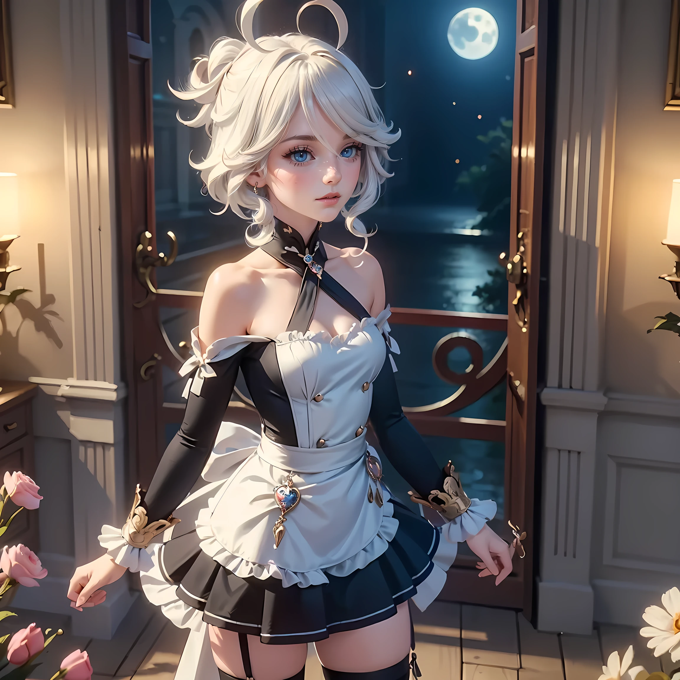 1girl, multicolored hair, dress, solo, buns hairstyle, ahoge, armpits, harness, bare shoulders, glow eyes, maid dress with bare shoulder, prescription glasses, chest sarashi, collarbone, cowboy shot, stomach, strapless, white apron, maid dress, maid, harness, streaked hair, thigh gap, very long hair, brown hair, floating hair, multicolored hair, magical girl, perfectly body, gold jewelry, twintails, jewelry, Cute beautiful slim hair, with big lips, freckles, blue eyes, long hair with long straight hair and bangs, perfect body, perfect hands,In black tights, harness, thick thighs, prescription glasses, maid uniform, maid dress, maid apron, skirt with layers, lux garden, sitting on the garden grass, gold jewelry, more details, best quality, blushing, maid headdress, maid dress with too many frills, short skirt, sparkle, centered girls, cowboy shot, glowing hair, magical girl, sparkles, more details on her clothes, dress with transparency, golden details on her dress, night
