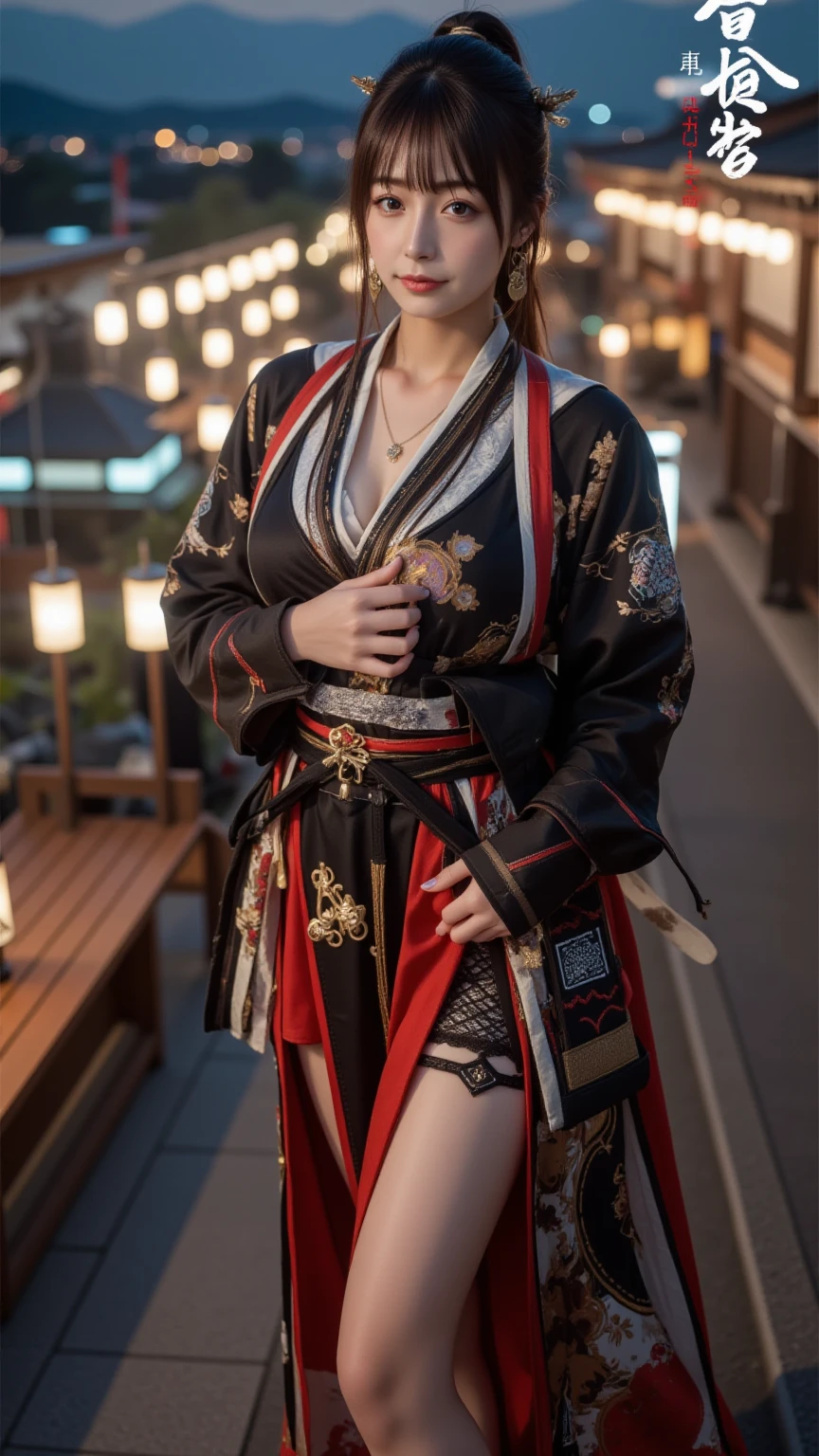 8K Ultra HD, Digital SLR,Film Grain, Fujifilm XT3,(highest quality:1.3), (masterpiece:1.1), High resolution, Cinematic Light, Intricate details, (Realistic) (Night view) Realistic backlight、Dramatic reddish light、Beautiful Japanese Geisha full body photo, ((Facial texture Pore details)), Grin、Devilish smile, Simple messy hairstyle, She wears a black satin kimono decorated with traditional dragon motifs.., Open shoulders, Colorful dragon tattoos all over the body,(( 1mHolds a long-bladed Japanese sword)), Inside a traditional villa, 8k, Front blur