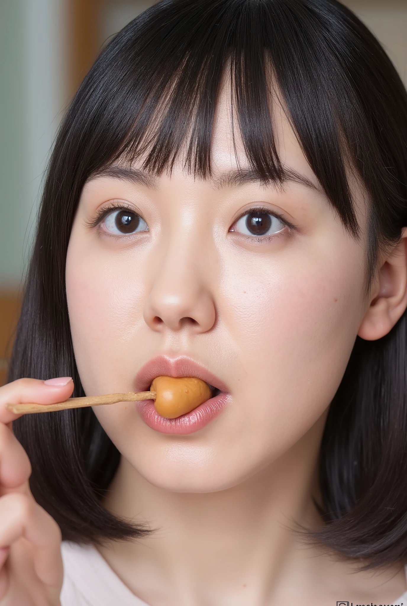 high-resolution young Japanese female idol photo, Alone, (if it's brown, After the blowjob、 in the mouth), indoors 、Japanese woman in her 30s putting white sauce around her mouth、applying the tip of a large matsutake mushroom to her mouth、Woman with her mouth wide open、The back of her cheek swells