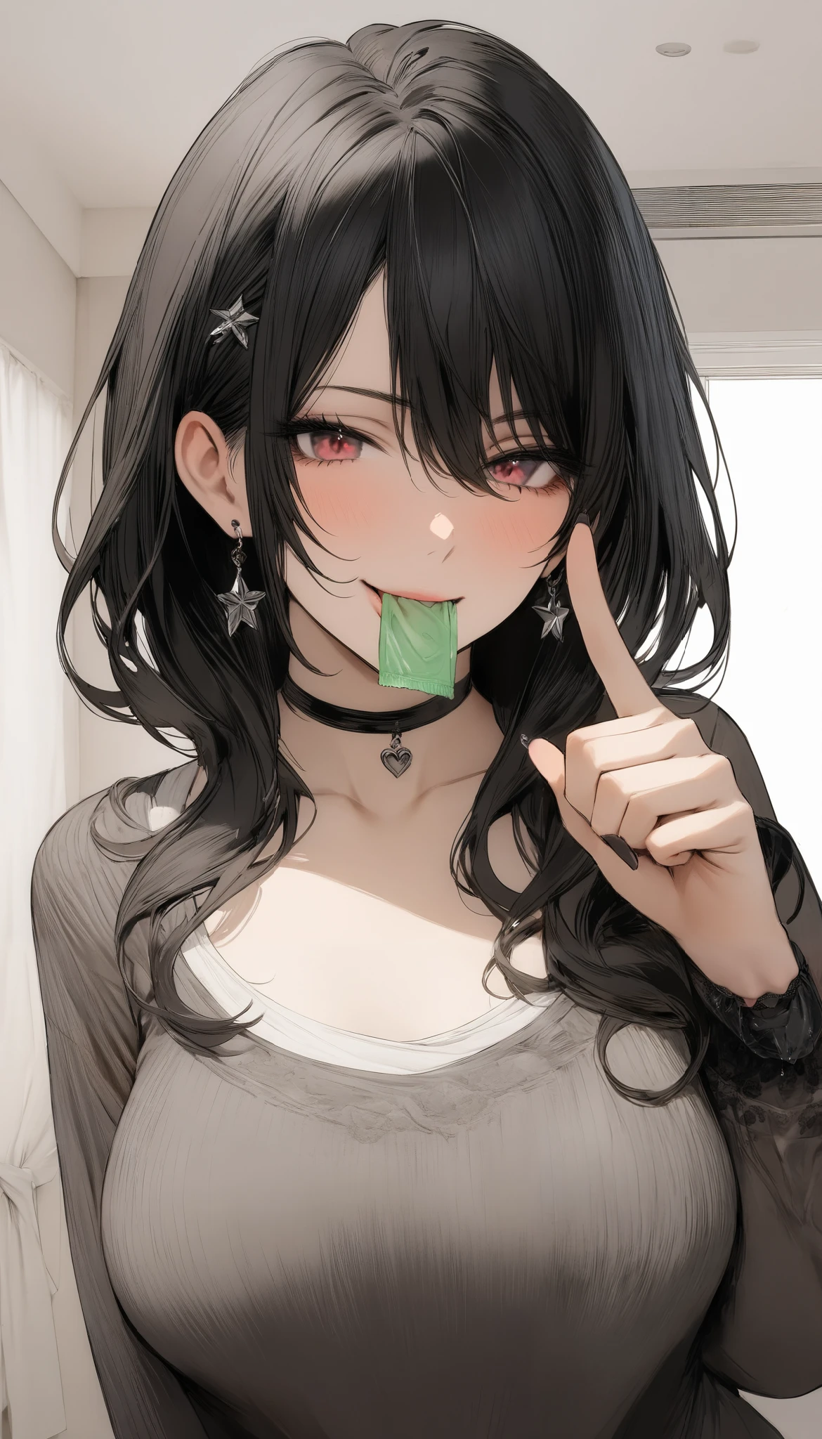 ( masterpiece, top quality, top quality, beautiful、Midea:1.2), 1 person,beautiful, mom in health, it's cute, sexy clothes and beautiful and cute、 black and semi-long hair , girls on the left, Mature Woman, 40 years old, speaking eyes, perfect finger, bedroom, Deleted, holding a condom in his mouth, star-studded eyes,
