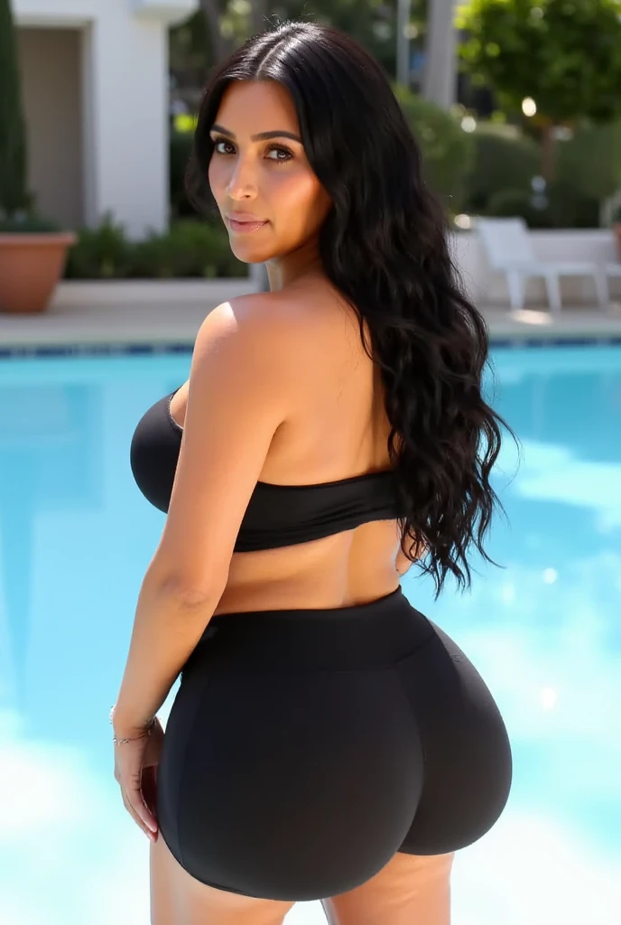 Imagine full body picture back view of woman. Green dark hair. big hips, big ass, 100% realistic, high detail, Masterpiece
