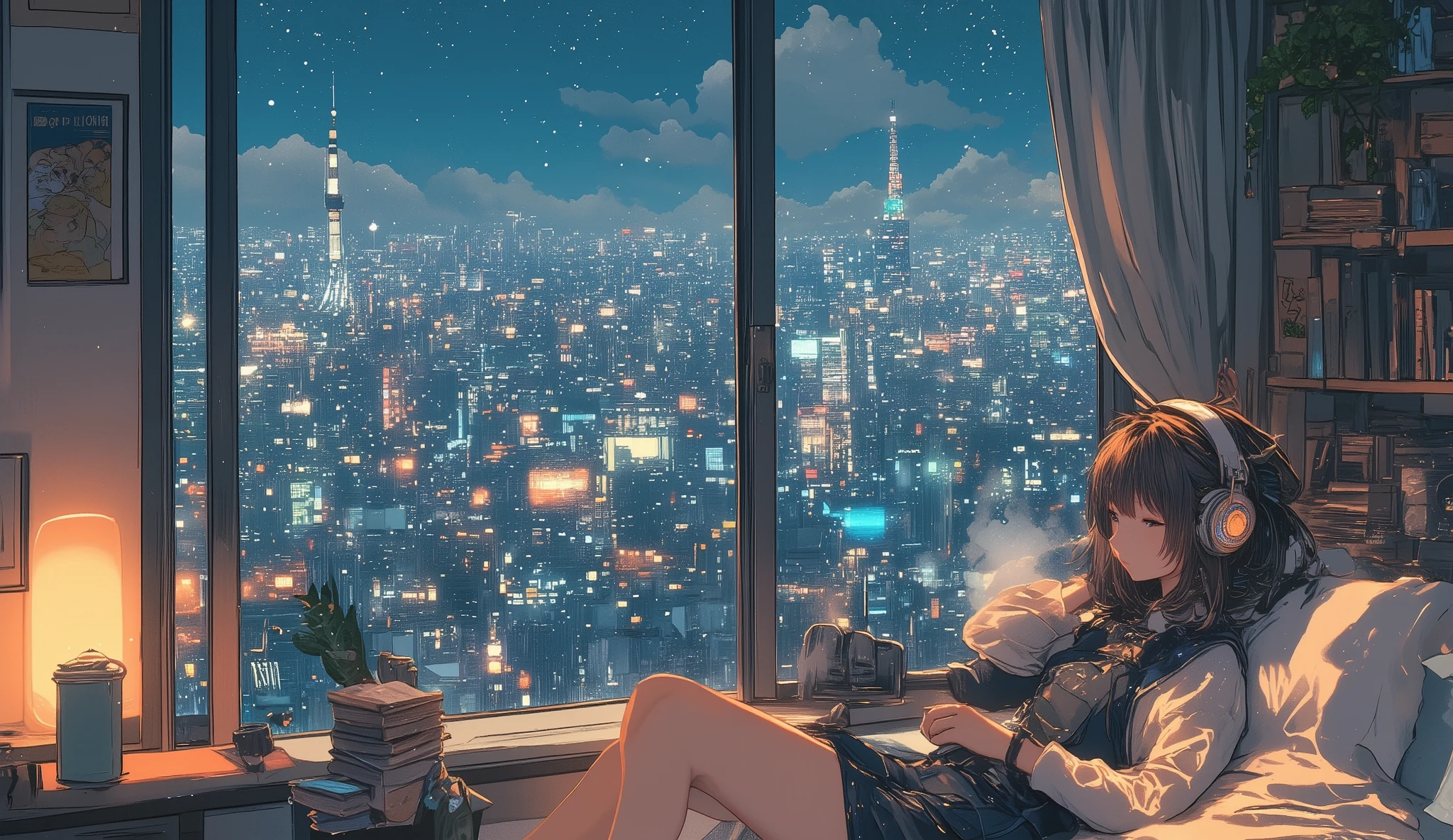 A girl is listening to music on a computer by the window. Outside the window is a night city.