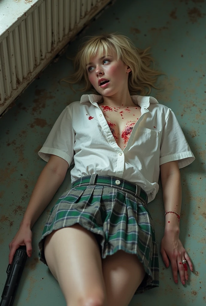 Photorealistic, Birds eye view, dirty woman sitting on chair in dilapidated house, wet messy hair over eyes, detailed bodycon shirt and pleated skirt. vixip, close-up landscape, hurt., cinematic lighting, highly detailed. White, brown, red. Perfect composition, masterpiece, best quality, 4k, sharp focus. perfect anatomy.