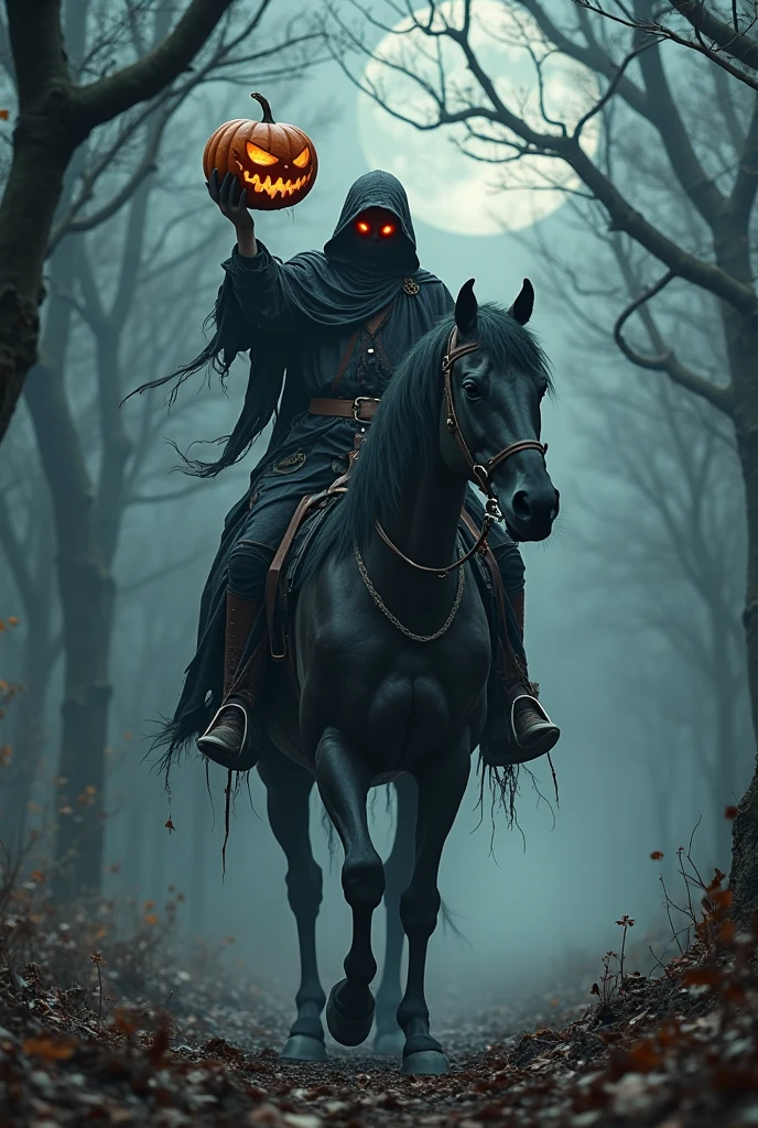 Headless Horseman, eerie ambiance. Full-body shot in tattered 18th-century clothes. Rides black stallion with red eyes. Holds flaming pumpkin. Dark graveyard background, thick fog, dynamic, dramatic horror style