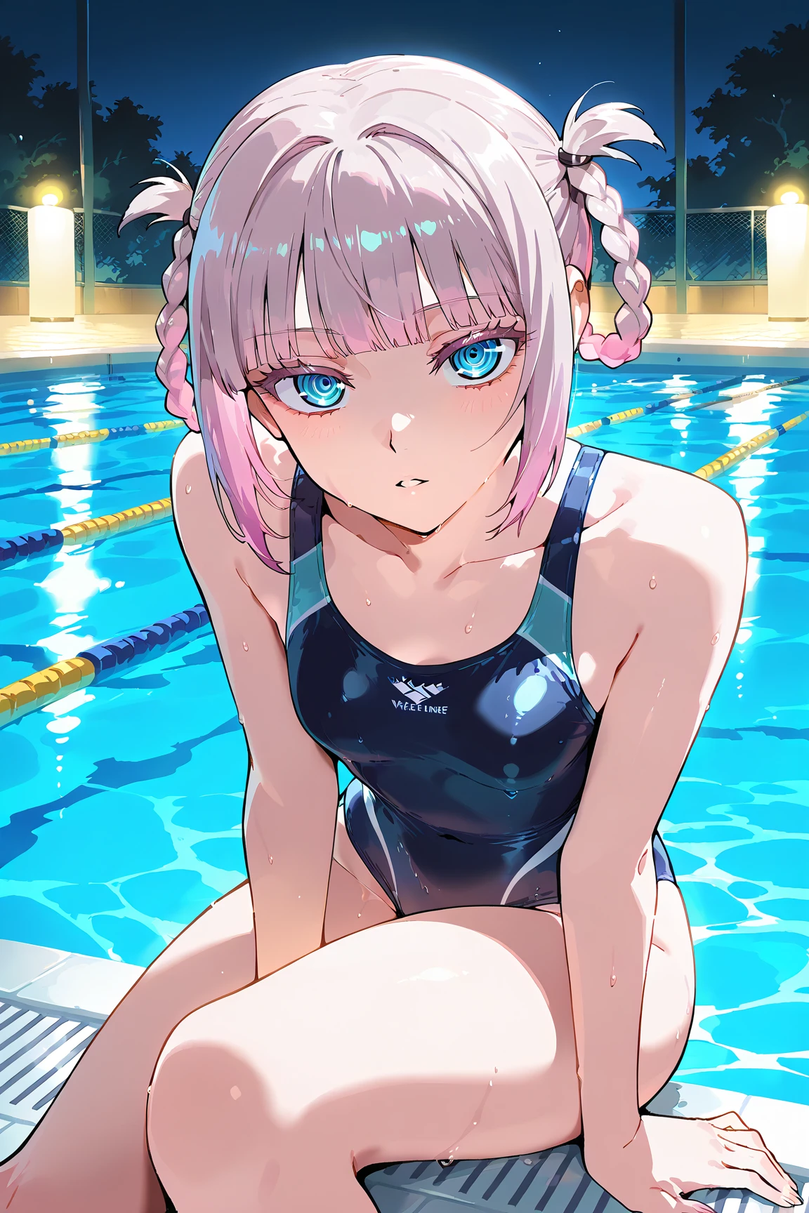 school swimwear、Acme Face、Random pose、, Medium Hair、、Pale blue eyes、Pink Hair、nsfw、Highest quality、1 girl、solo、Ocean、Sandy Beach、Sexy pose、Random pose、Blushing、Wet、Embarrassed、I can see half of my 、、One piece swimsuit、(Strap slip:1.3)、School Swimsuit、school swimwear