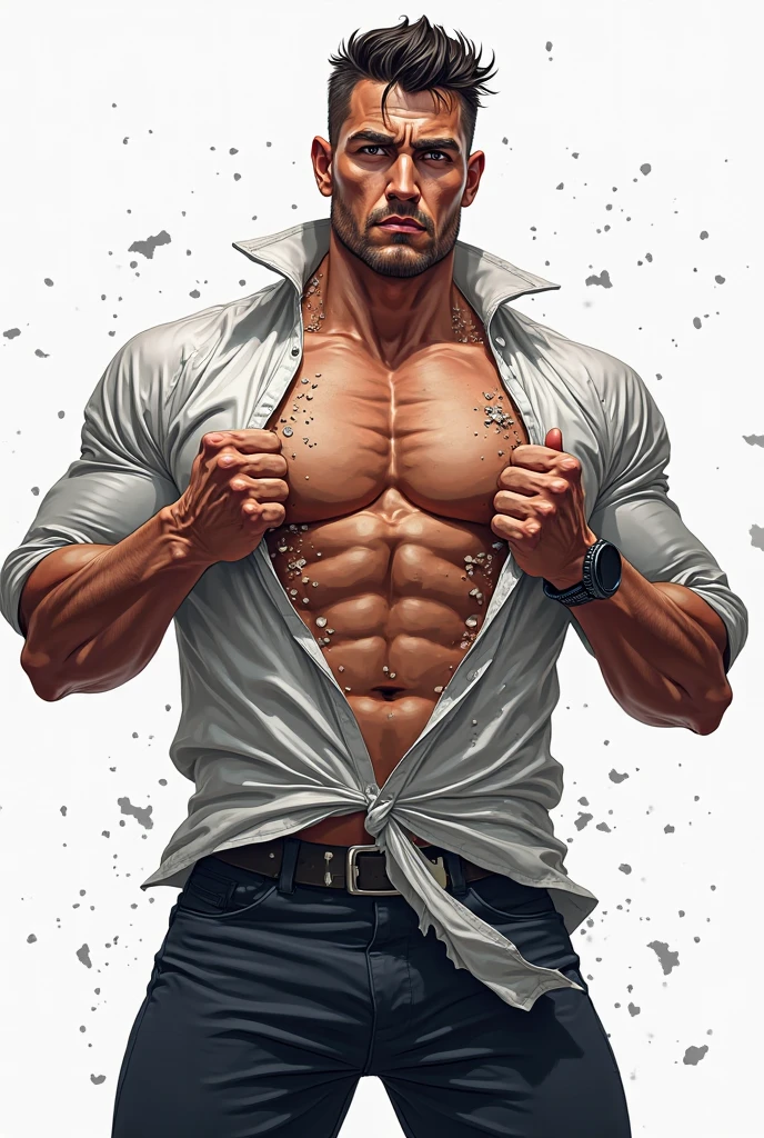 (masutepiece, Best Quality:1.2), Cowboy Shot, Solo, Male Focus, 1boy, Indian beared businessman, Closed mouth, Looking at Viewer, Hands in pockets, Open your clothes, muscular guy, burly, hunk, Hot, big shoulders, musculature、(big chest)、 (hyperdetailed face)、nicebulge