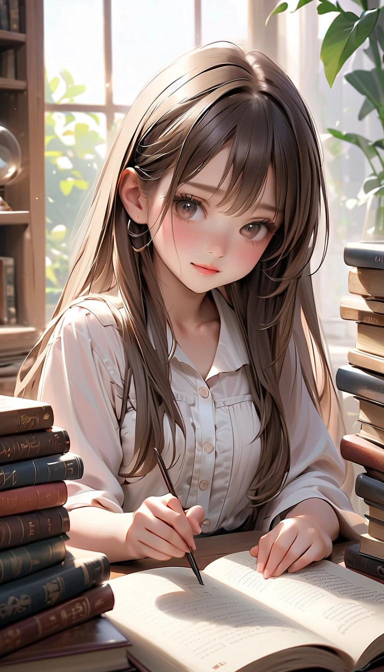 Best image quality, detailed eyes, a cute little 5 year old girl playing the piano while looking at sheet music, smiling with great joy, amazingly big and bright eyes, long eyelashes, long chestnut hair, A very cute girl, a happy smile, the best smile, a friendly and happy smile, lilies blooming outside the window,