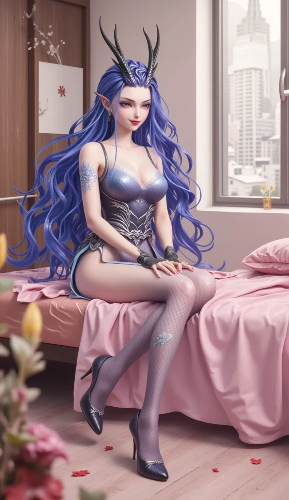 very tall (195 cm), gothic, full body girl, pink glowing iris, long black wavy hair, sexy purple underwear. stockings, high hills purple shoes, big cupped breasts, detailed, toned legs, commanding presence, subtle smile, wet skin, shiny lips, pony hair, streaked hair, clenched teeth, fit, on black bed sheet,