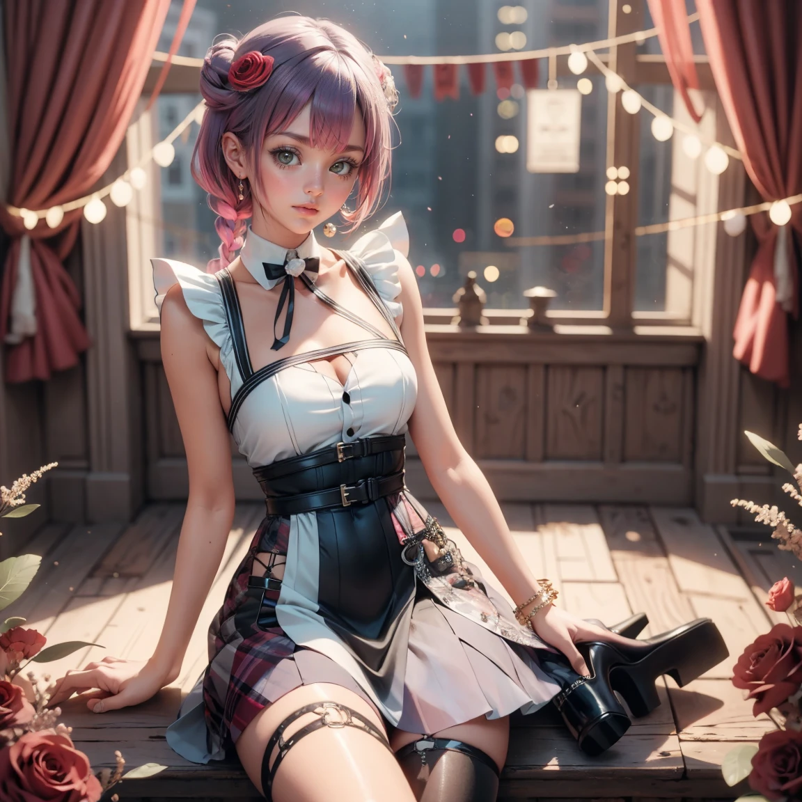 Kafka_(honkai: star rail), medium hair, flowing hair, floating hair, ornament hair, perfectly body, perfectly hands, dark pink rose on hair, maid, maid dress, maid headdress, maid apron, white apron, white apron, white headdress, on street, petals in the air, blossom peach tree, centered girl, Chinese style, white maid dress, white dress, more details on her clothes, dark pink dress with transparency, golden details, daylight, smiling, ((4k, masterpiece, top-quality)),8k, best quality, high resolution, HD, (illustration:0.8), super cute girl, delicate and beautiful face, 1girl, solo, mature girl, super cute hairstyle, (beautiful detailed eyes:1.6), extremely detailed face, perfect lighting, extremely detailed CG, (perfect hands, perfect anatomy), Best quality, cleavage, small skirt, full Body,