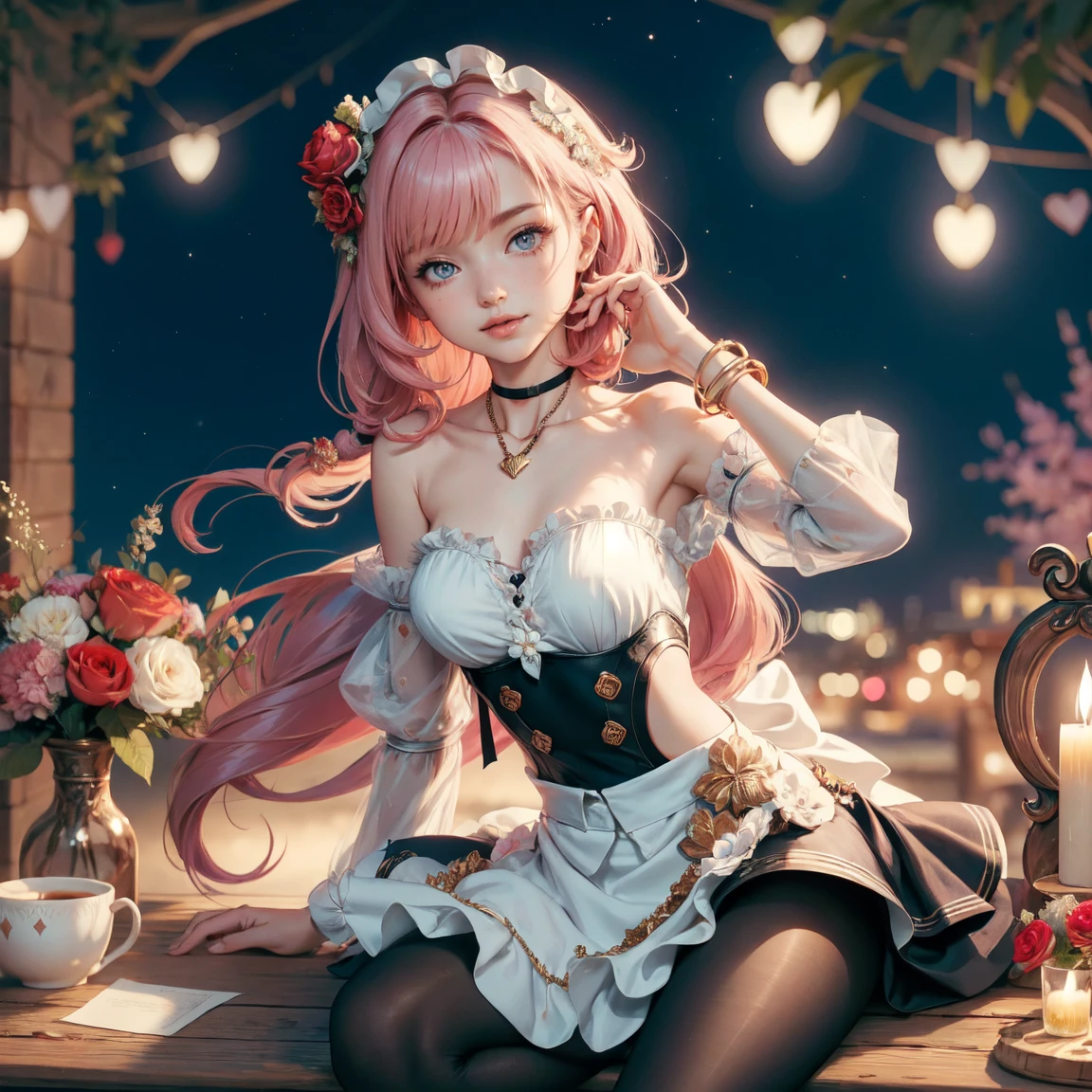 Pink hair, long hair, flowing hair, twintails, pin hair, flower details on her dress,ornament hair, cat ears, perfectly body, perfectly hands, flowing hair, maid, white maid dress, white maid headdress, maid apron, white apron, holding her skirt, Paris scenery, Eiffel tower on the background, seat, red roses on focus, lantern, more detailed background, Chinese maid dress, white dress, more details on her clothes, white dress with transparency, golden details on her clothes, night, smiling, ((4k, masterpiece, top-quality)),8k, best quality, high resolution, HD, (illustration:0.8), super cute girl, delicate and beautiful face, mature girl, super cute hairstyle, (beautiful detailed eyes:1.6), extremely detailed face, perfect lighting, extremely detailed CG, (perfect hands, perfect anatomy), Best quality, cleavage, small skirt, full Body, two arms, two legs, two hands, five fingers