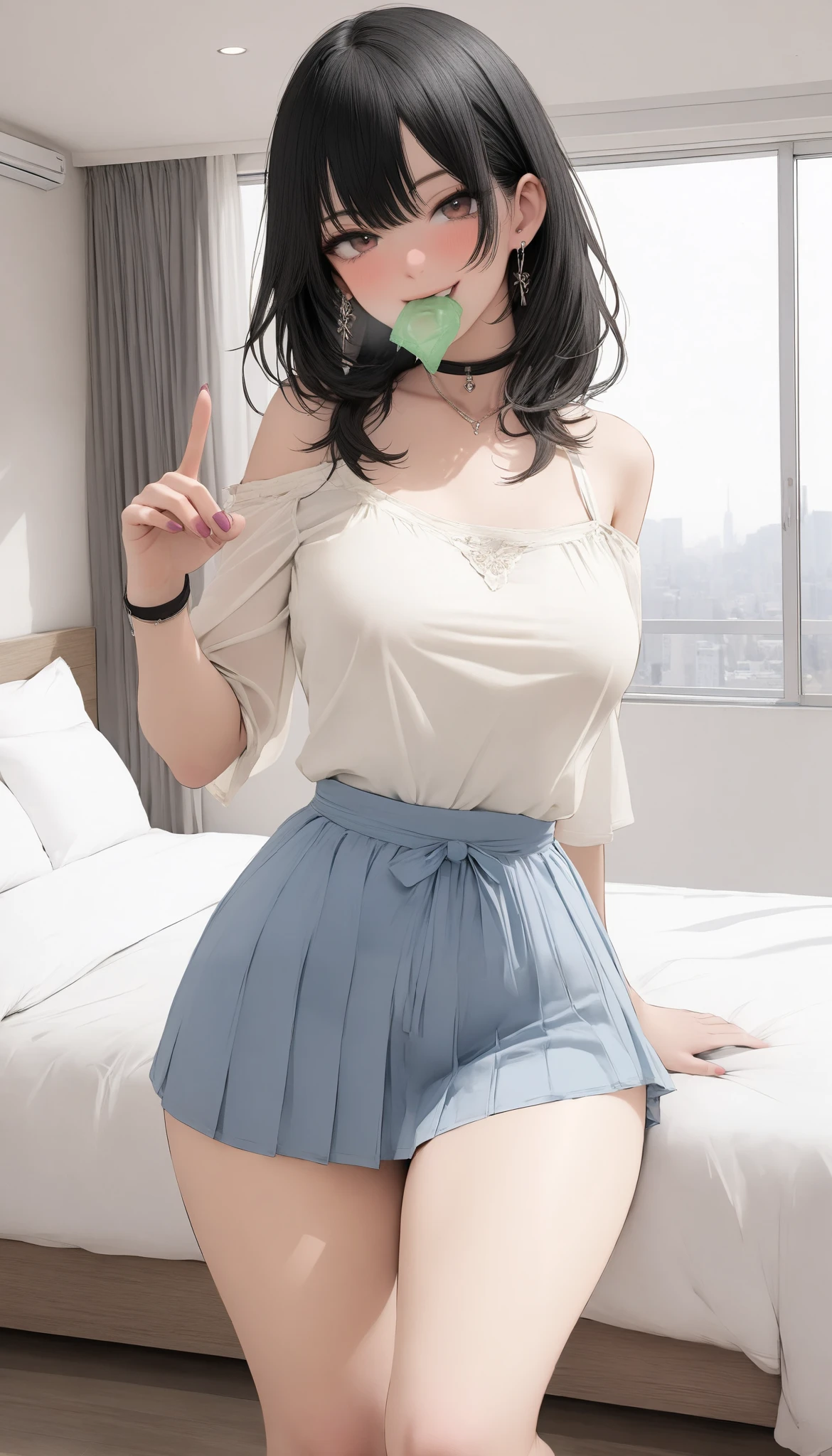 ( masterpiece, top quality, top quality, beautiful、Midea:1.2), 1 person,beautiful, mom in health, it's cute, sexy キャミソール and beautiful and cute、 black and semi-long hair , girls on the left, Mature Woman, 40 years old, speaking eyes, perfect finger, bedroom, Detailed thighs, holds a pink condom in her mouth, I have a masturbator in my hand, kind eyes ,