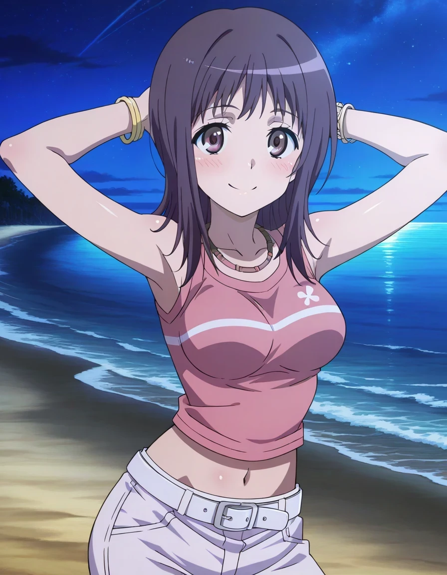 itsuwa, anime coloring, anime screencap,
bracelet, shirt, sleeveless, sleeveless shirt, breasts, blush, medium hair, brown eyes, pink shirt, long hair, necklace, medium breasts, crop top, collarbone, white belt, Itsuwa pink shirt white pants (outfit), shiny skin, high quality, solo, cowboy shot, (contrapposto), hands behind head, closed mouth, night sky, beach, looking at viewer, smile, best quality