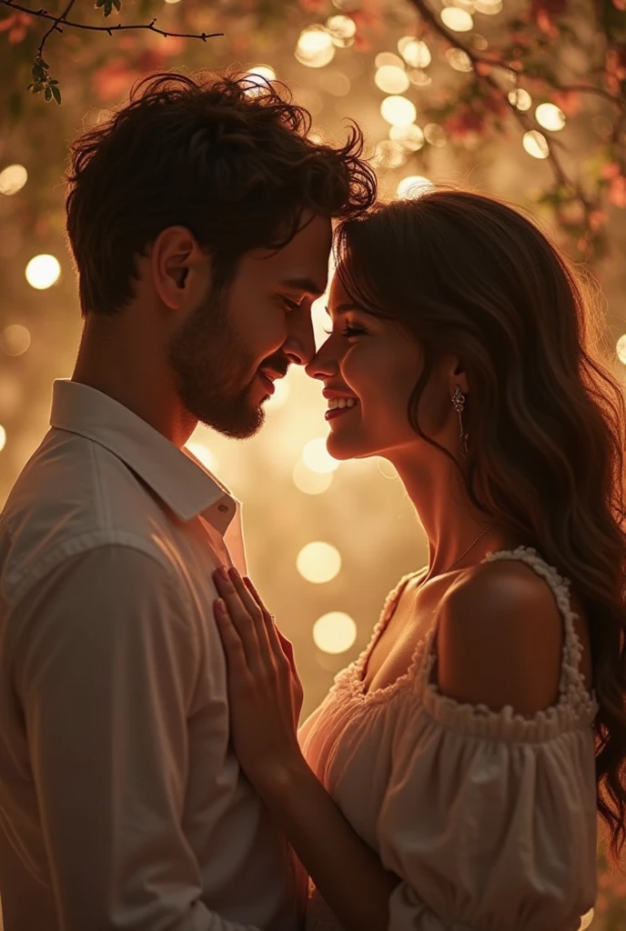 Man speaking sweet words into his beautiful woman's right ear as she laughs