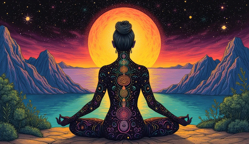 Starry sky with moon, mulher meditando olhando a praia, cabelos cacheado preto, white yoga jumpsuit, estilo neon