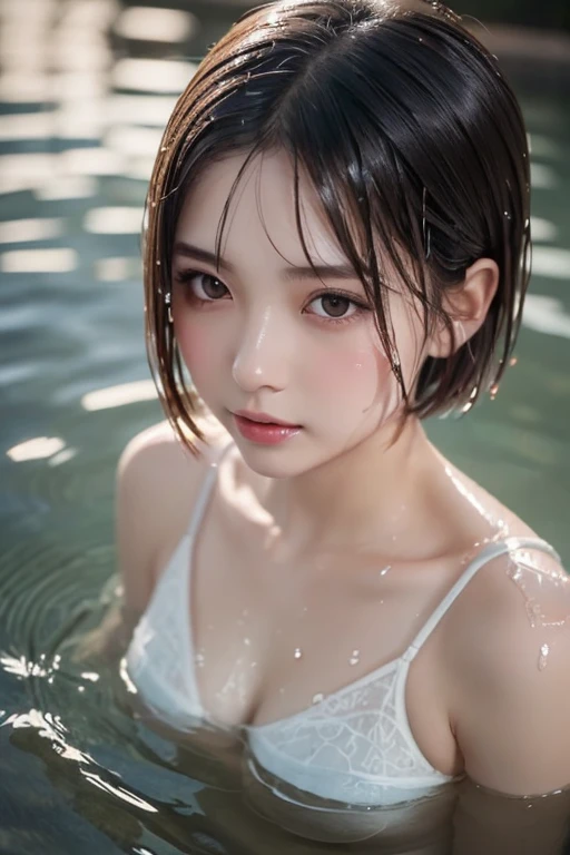(Hyper-realistic), (Illustration), (High resolution), (8K), (Extremely detailed), (Photorealsitic), (Beautiful detailed eyes), (Best Quality), (Ultra-detailed), (masutepiece), (Wallpaper), (Detailed face), Solo 1 Girl, Black hair, Short hair, Towel, sauna, Wet, Water, Wet clothes, Bath, hot onsen