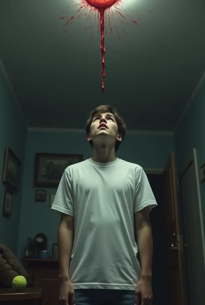 A 17 year boy wearing white tshirt and standing in his drawing room. Look up to the roof blood drops falling from the roof on his tshirt.. a tennis ball laying on the floor . Make his face visible . Make the whole room visible