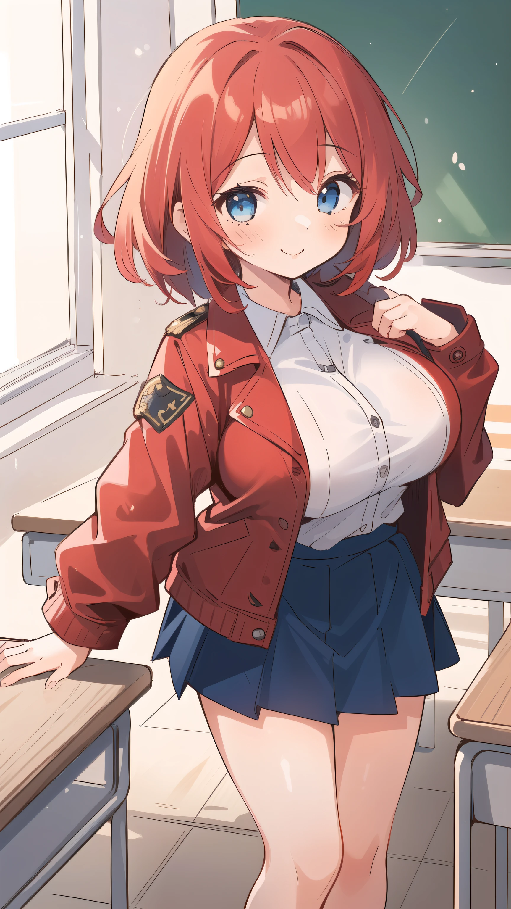Big breasts, red hair, blue eyes, droopy eyes, red jacket, long sleeves, navy skirt, elementary school student, (super big breasts:1.1), (medium hair: 1.2), baggy clothes, elementary school student, young face, short height, 10 years old, old, shy A shy guy, smiling a little, trying to open the buttons of his shirt, white shirt, red tie,(straight hair:1.2) , gentle smile, a little smile