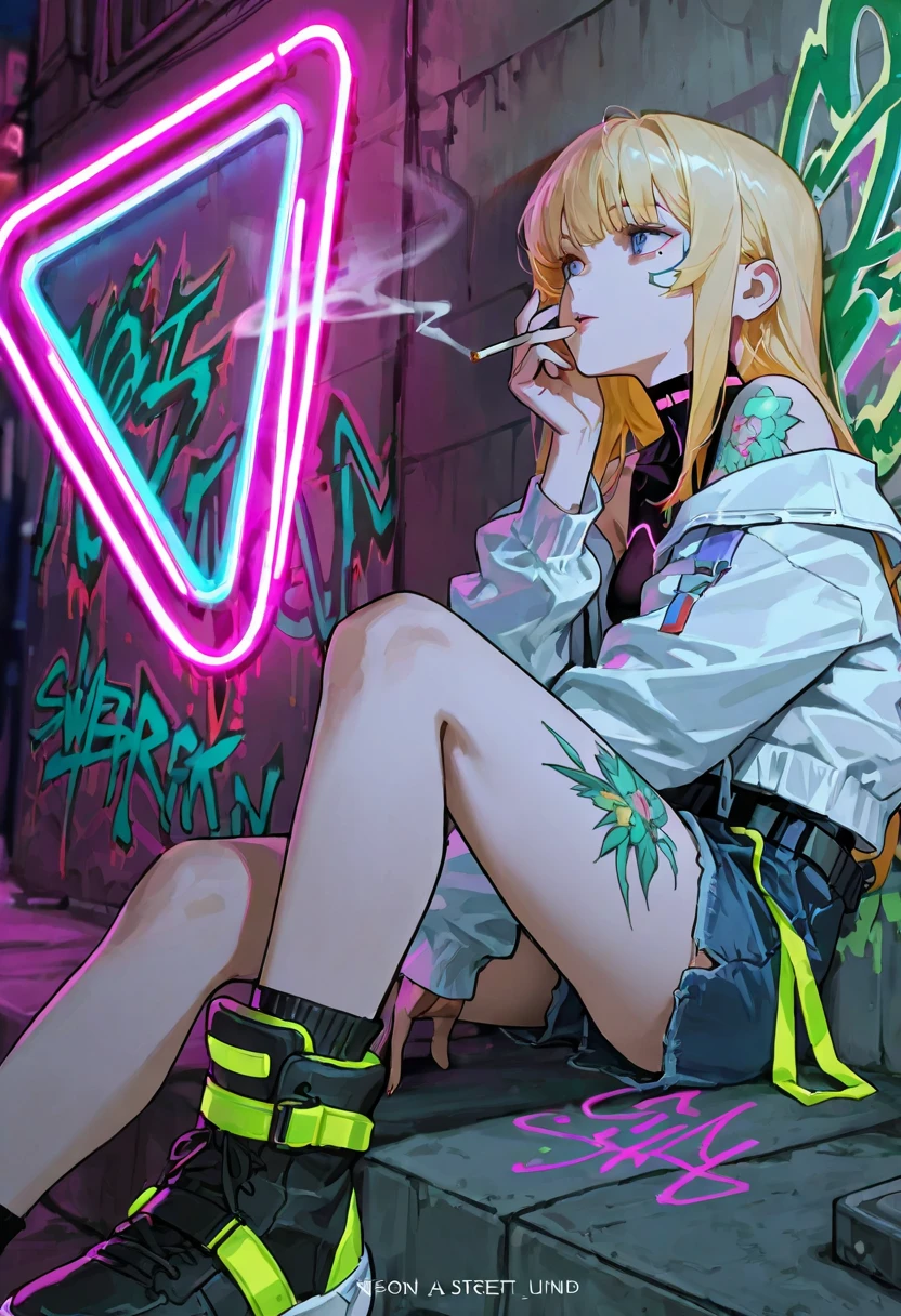 1girl, solo, Cyberpunk Stairway With Neon Signs, graffiti, And Futuristic Urban Decay、 A street fashion blonde girl sits leaning against a wall with street art drawn on it and looks into the distance with a melancholy face while smoking、Only one