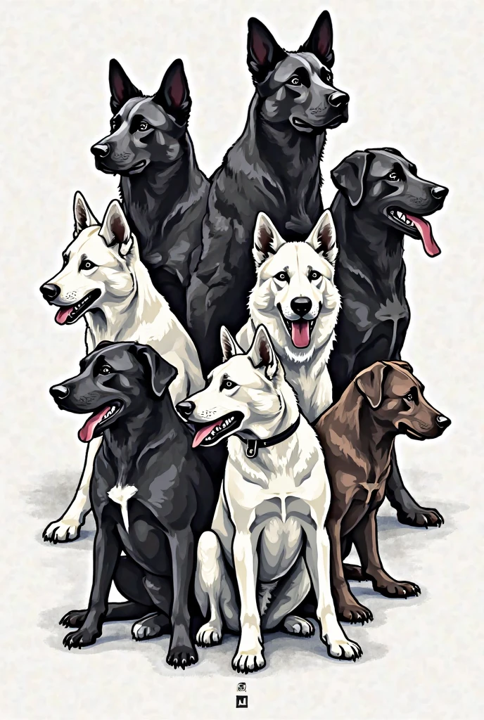 A picture of 1 medium sized male black cocker spaniel, 1 German Shepherd, 1 small cocker spaniel, 1 doberman grande, Do it like a freehand drawing, like black and white strokes. For a tattoo, everyone has their ears standing up.