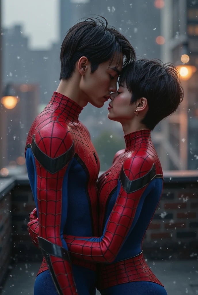 RAW,2people,1girl and 1boy, (A charming 18 year old Chinese girl and boy hugging together: 1.5), (no mask, showing face: 2), masterpiece, super fine photos, best quality, super high resolution, photorealistic realism, sunny handsome, full body portrait, delicate face, vibrant eyes, (from the side), she is wearing a futuristic steel woman Spider-Man costume, very detailed background, detailed face, detailed complex busy background, highly detailed skin, realistic skin details, visible pores, sharp focus, volumetric fog, 8k UHD, DSLR, high quality, film grain, photo realism, wheat skin,