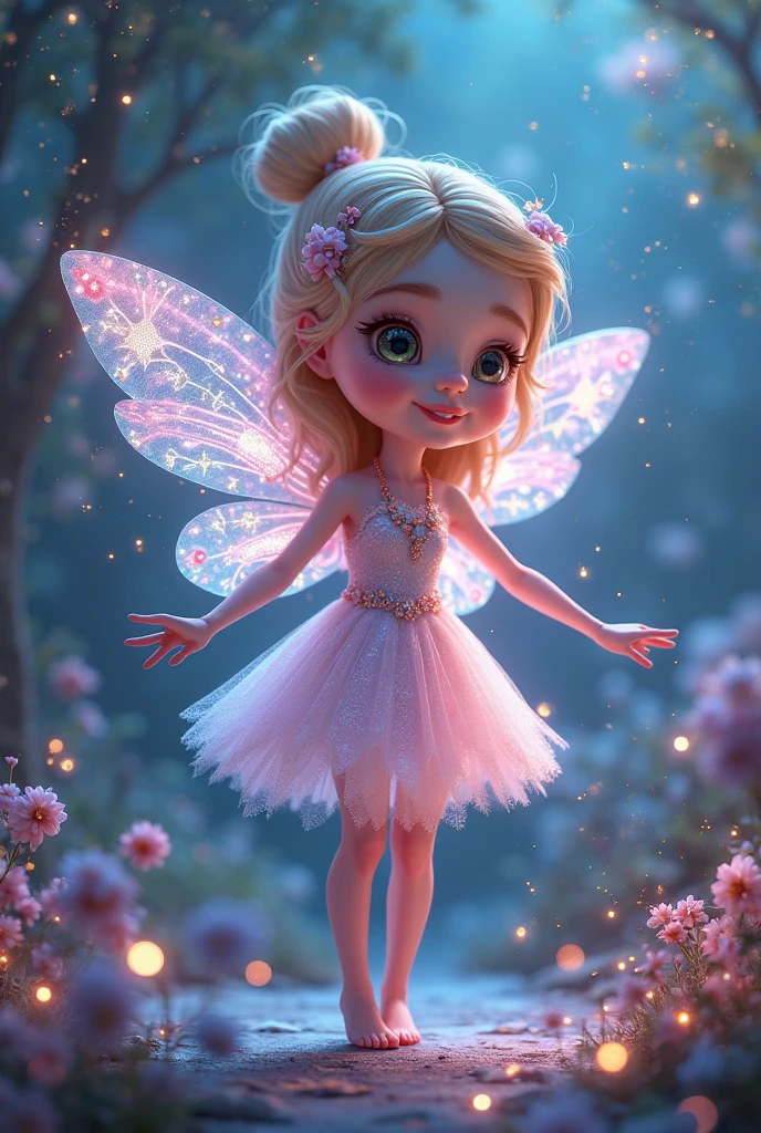 In Disney style, create a beautiful girl, rainbow colored hair, tied on top of her head with a princess tiara, big crystal clear eyes, intricate dress in colorful and iridescent petals, matching the wings, scenery: she dances amidst many colorful crystals, clear image in vibrant colors, high quality, 8k. HDR.