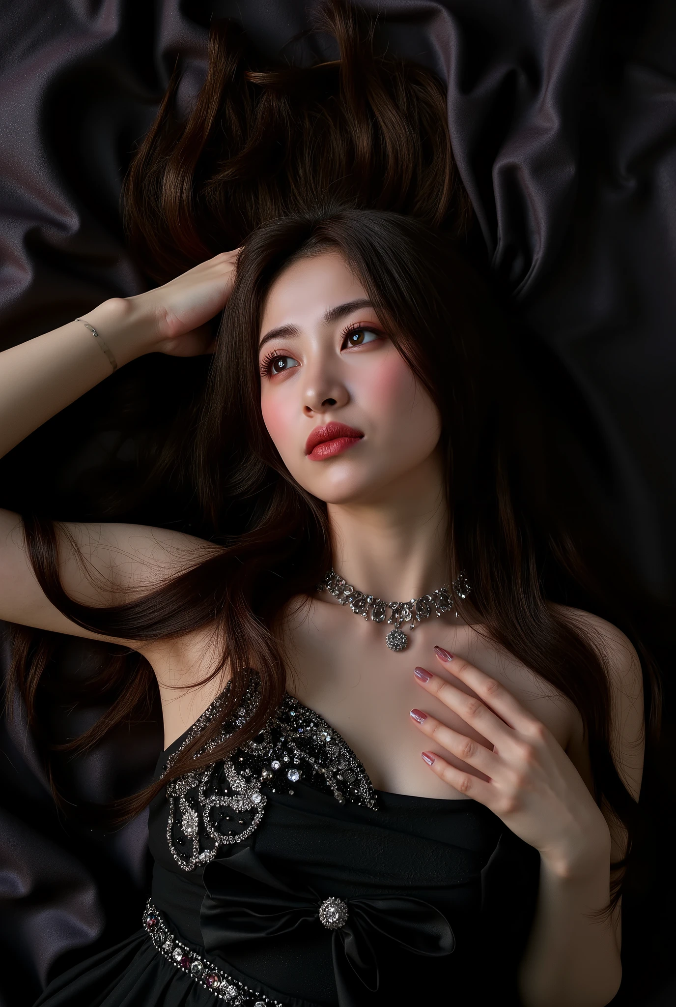 “Dark Siren”
Pose An Exotic Asian Princess reclining pose with the subject lying on a luxurious, dark fabric, looking up with a seductive gaze.
Makeup: Deep, jewel-toned eyeshadows with a glossy, dark lip and shimmering highlighter.
Hairstyle: Long, flowing waves with a touch of metallic sheen.
Outfit: A high-fashion, dark silk gown with intricate beading and embellishments.
Details: Focus on the luxurious textures and the ethereal, dark beauty of the look.