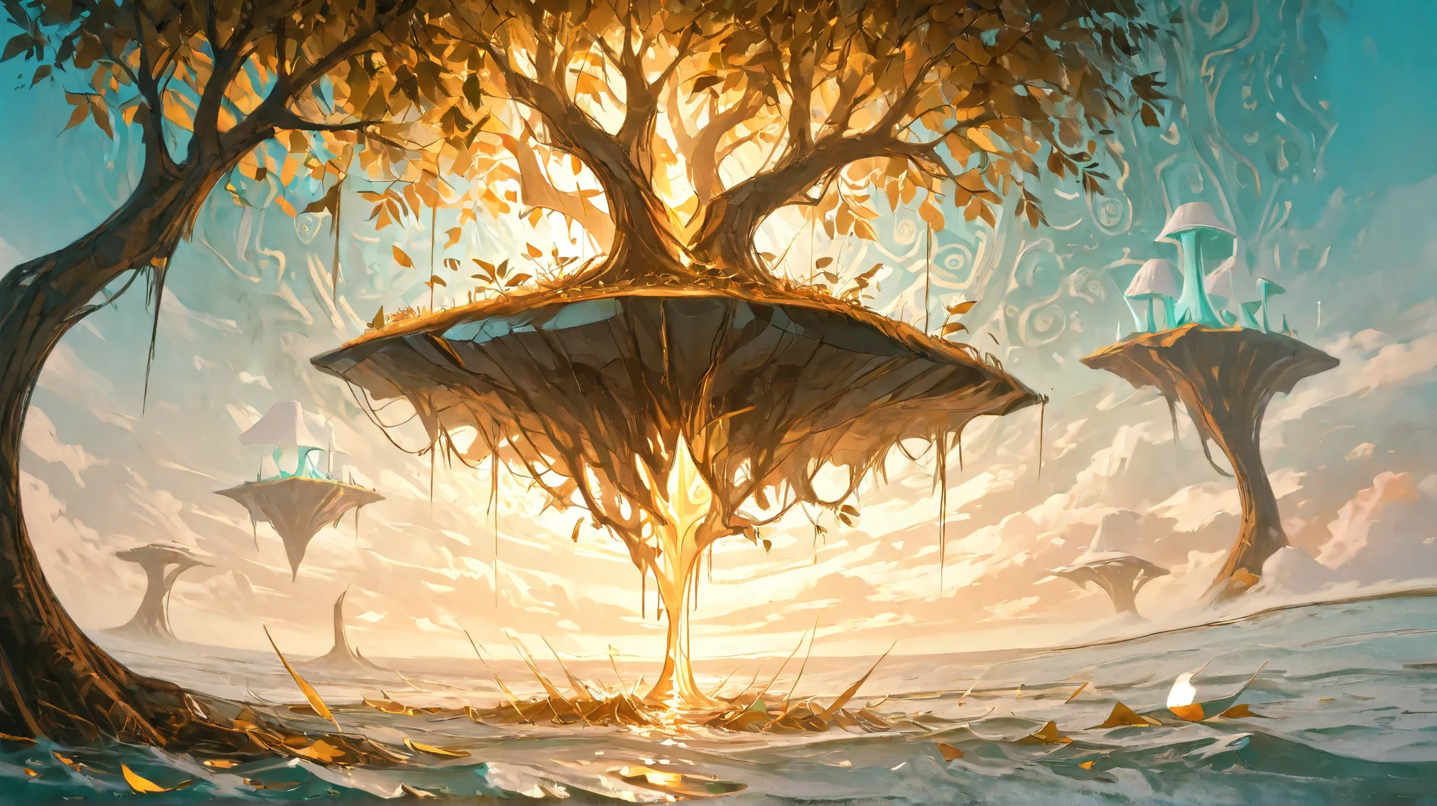 The luminous celestially-inspired floating island glows with ethereal beauty, bathed in soft hues of cyan and gold. In the center, a majestic tree with shimmering leaves exudes a sense of tranquility and magic. This surreal scene is captured in a stunning, dream-like photograph that exudes bohemian high fashion vibes. The image is rich in detail, with intricate patterns and textures that elevate it to a work of art. The quality of the composition is impeccable, inviting viewers to get lost in its enchanting world.