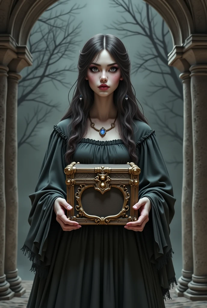 Woman with dark brown curly hair down to her shoulders, light brown skin and dark brown eyes holding a tarot card and wearing a witch outfit 
