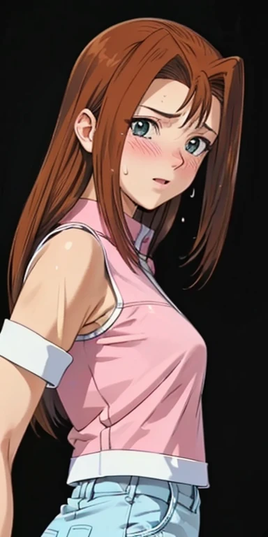 Create a girl (12 years old) with messy short hair and a ponytail. With a little pink clip on her hair, brown hair, brown eyes and also white skin