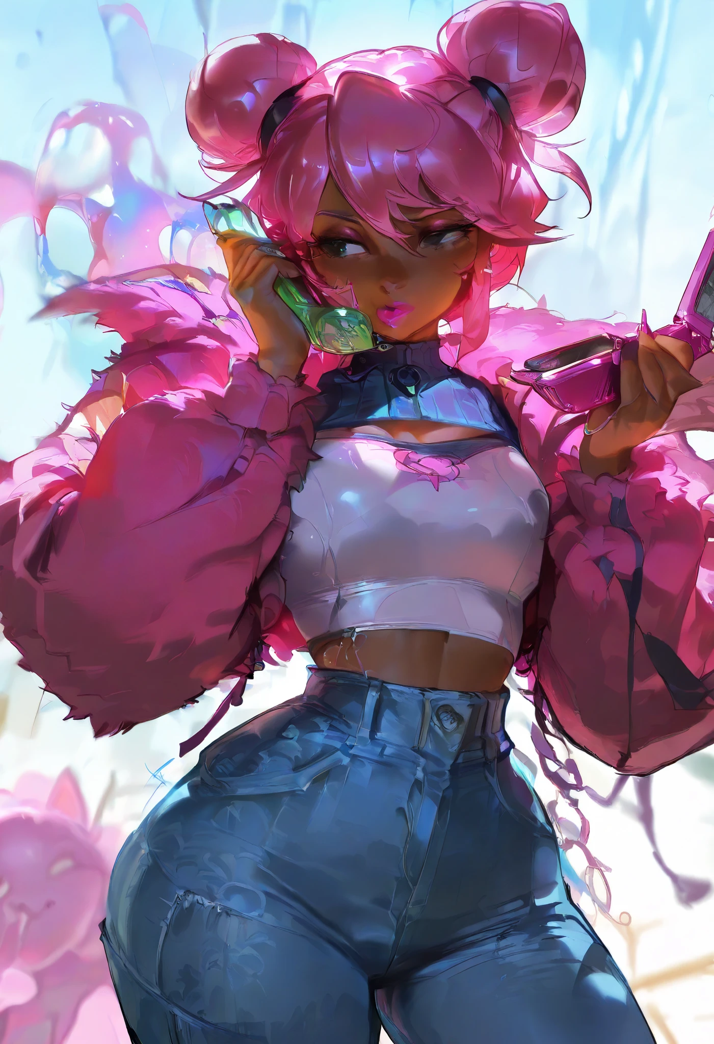 Masterpiece, score_9, score_8_up, score_7_up, score_6_up, masterpiece, portrait, 1female, mature female, dark skin, wide hips, dommy mommy, long nails, droopy eyes, pink lipstick, big afro hair, double bun hair, posing, wearing a crop top, oversized jeans, by krekkov, posing, front view, bubblegum, holding a flip phone, pink fluffy jacket, by floox, L0LSPL4SH