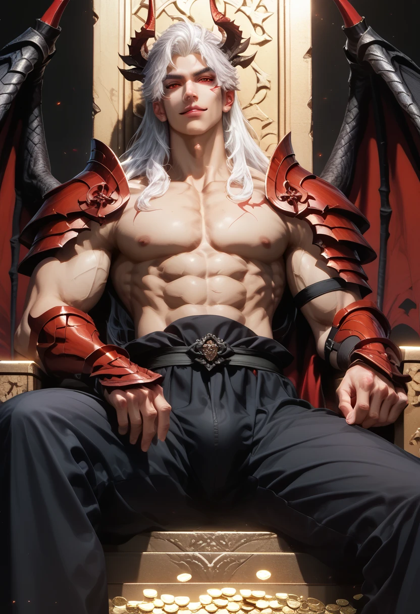 Masterpiece, realistic, Take a photo, 1 boy, A sexy young Roman Catholic priest turns into a red-skinned hot demon., black hair, glowing red eyes, Long black claws on his fingers and large horns, as well as large demon bird wings., He wore a black loincloth., หลุดออกมาจากเสื้อคลุมนักบวชที่ฉีกขาดและฉีกขาดเผยให้เห็นกล้ามabdomenของเขา, abdomen, biceps, Perky shoulders and nipples. A seductive expression on his face., He was surrounded by glowing human skulls., Stained glass window inside Gothic church background