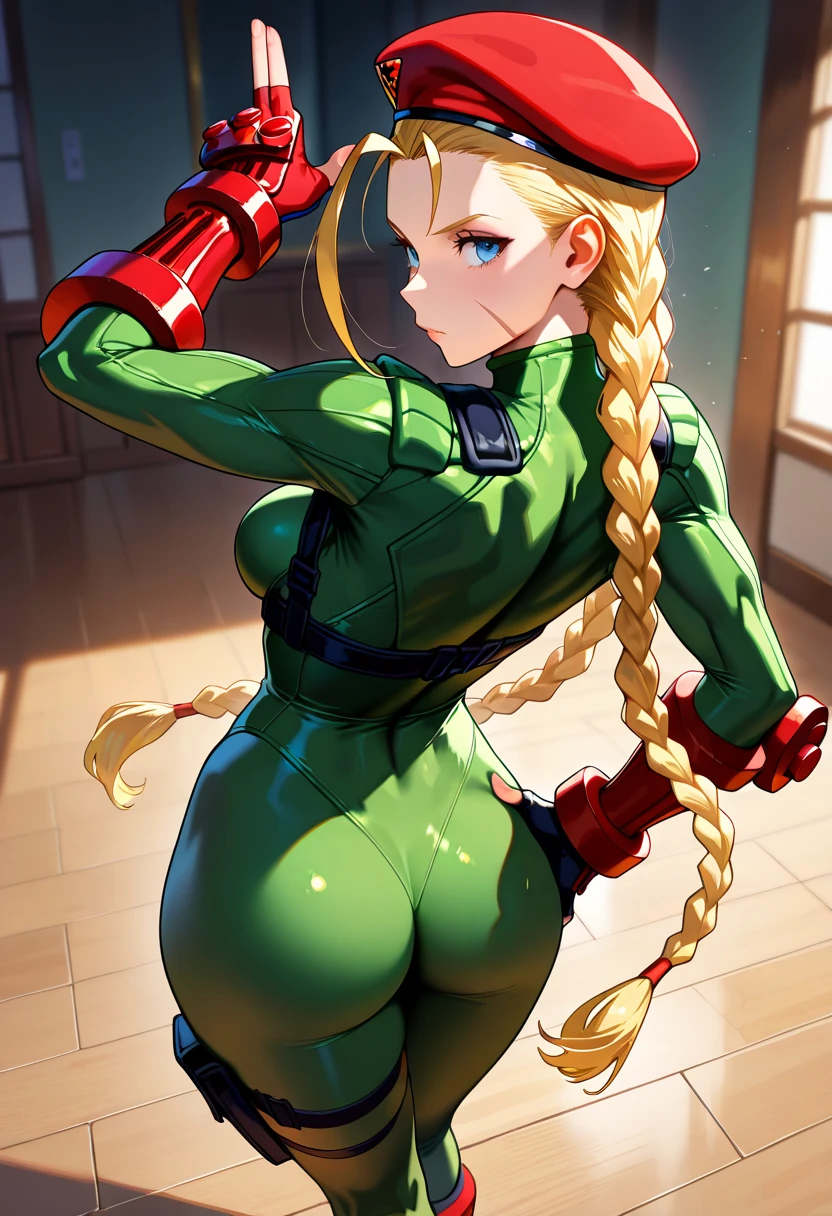 Realistic, 8k, Masterpiece: (1.2), Best Quality: (1.2), Reality Photos: (1.2), Intricate Details: (1.2), Shower Room, Green Leotard, Cammy with Strike 2, Small, Blonde, Two Long Braids, Beautiful Face, Glaring at the Viewer, Proportioned Face, Golden Ratio, No Glasses, High Definition, High Definition Skin, Smooth Skin, Ass Raised High, Crawling on All Fours, The body turns backwards, turns around,