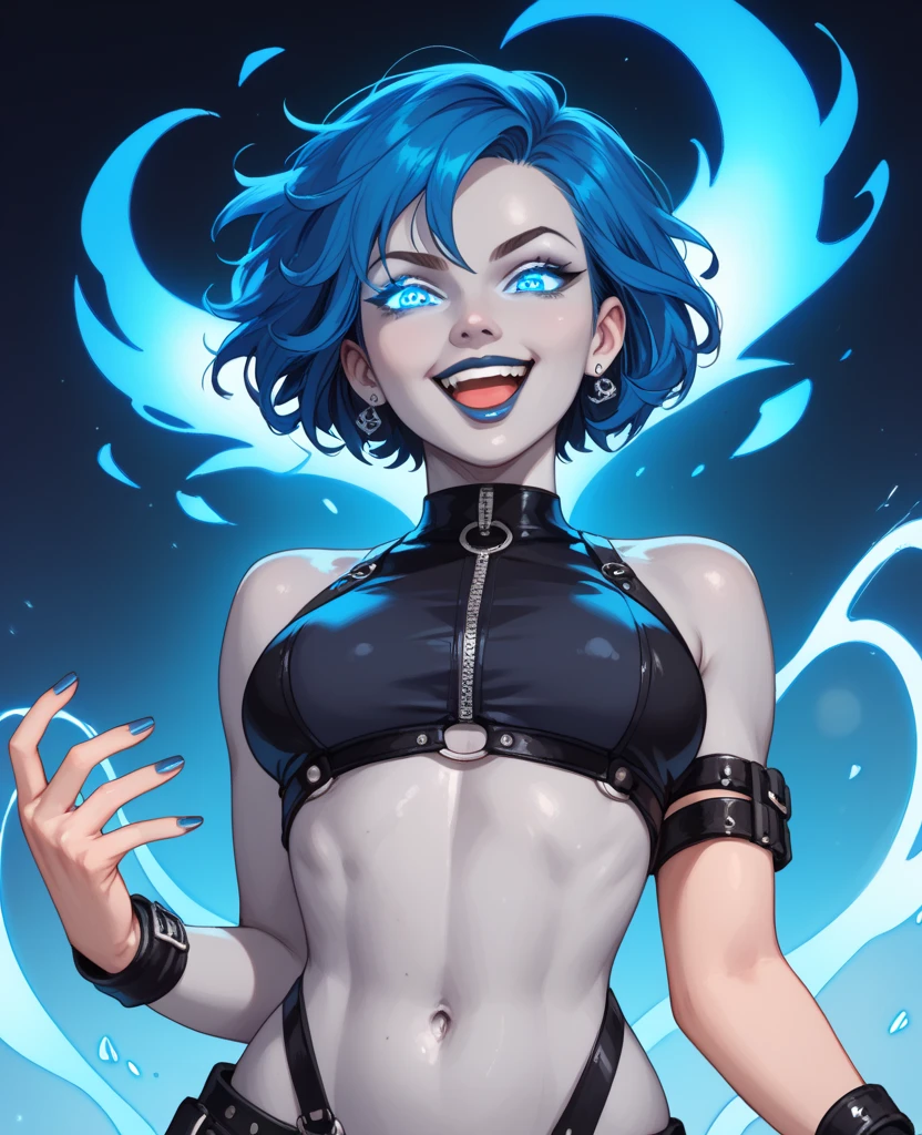 score_9, score_8_up, score_8, medium breasts, (curvy), cute, eyelashes, BREAK, , zzEmber, ponytail, aqua hair, grey skin, goth, big belt, blue fire, BREAK, smile, looking at viewer, abstract background, white outline, cowboy shot, embedding:zPDXL, Expressiveh,
